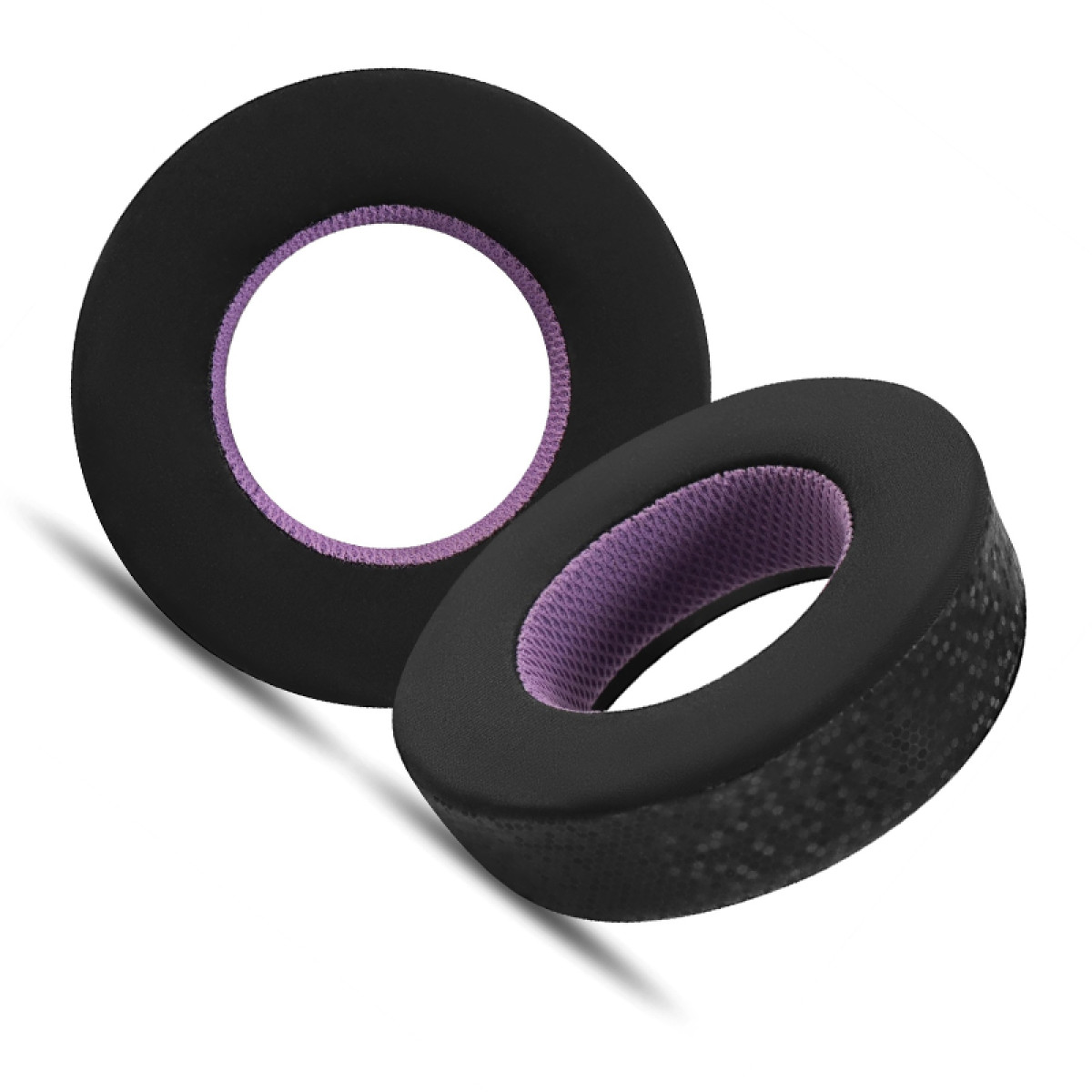 Due cuscinetti auricolari neri con interno viola. Sono circolari e angolati.