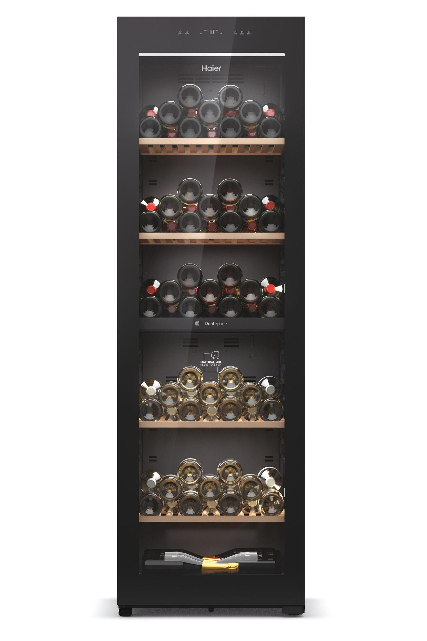 Cantinetta Haier nera con bottiglie di vino visibili all'interno.