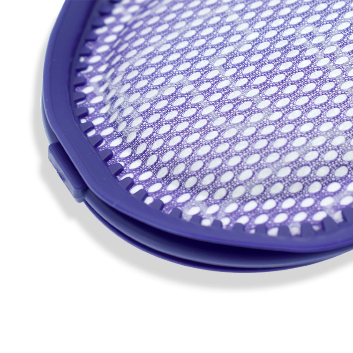 Een close-up van een paars filter met een wit gaaspatroon.