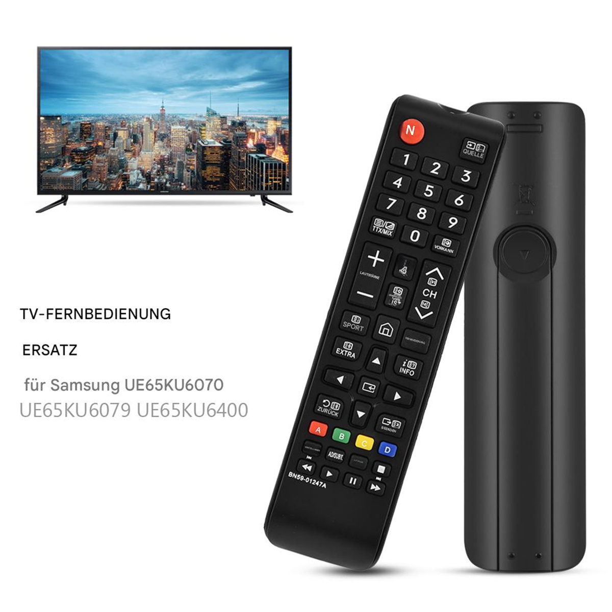 Eine schwarze TV-Fernbedienung, mit einer zweiten, kleineren schwarzen Fernbedienung und dem Fernseher im Hintergrund.