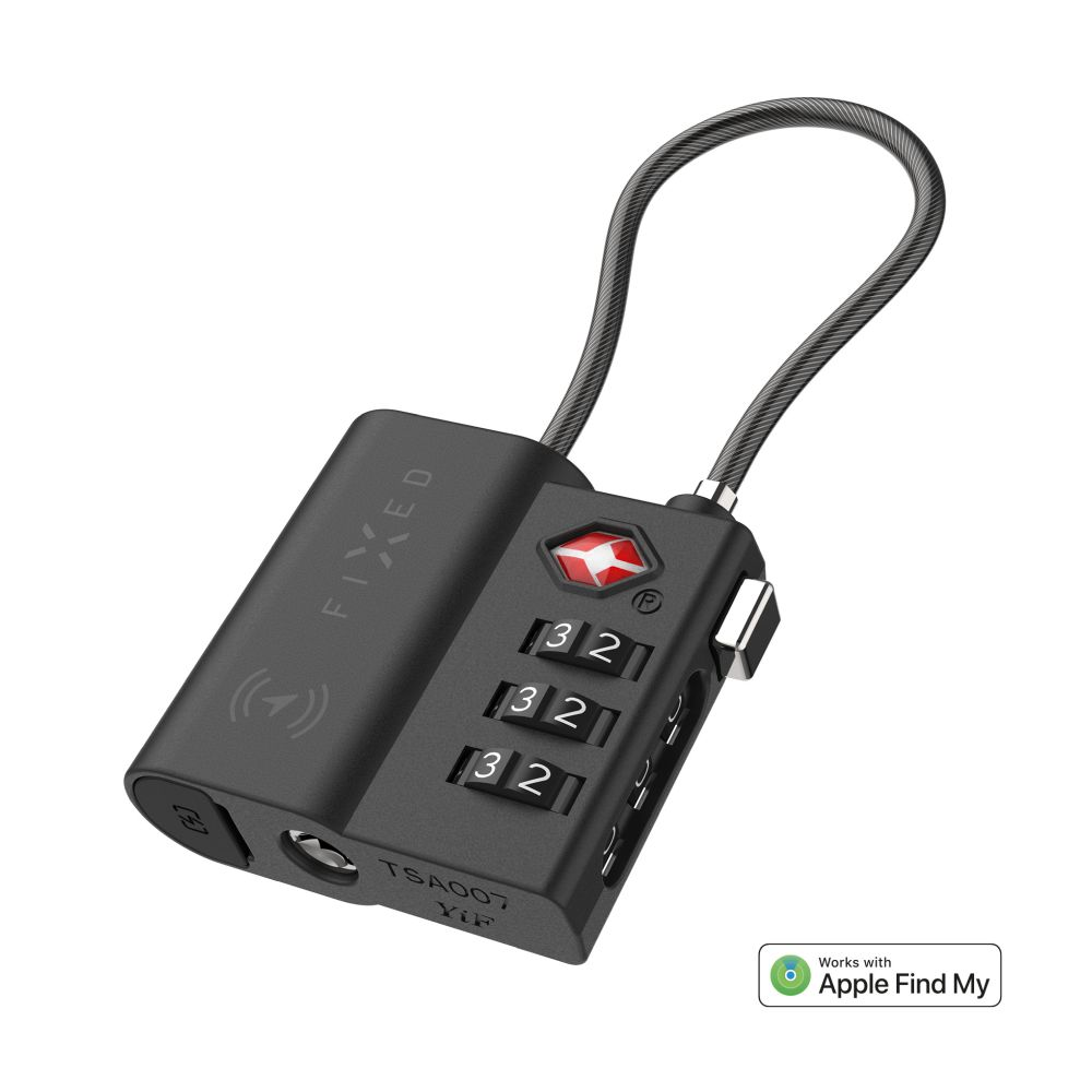 Schwarzes Zahlenschloss mit Kabel. Es hat Zahlen und ein rotes TSA-Symbol.