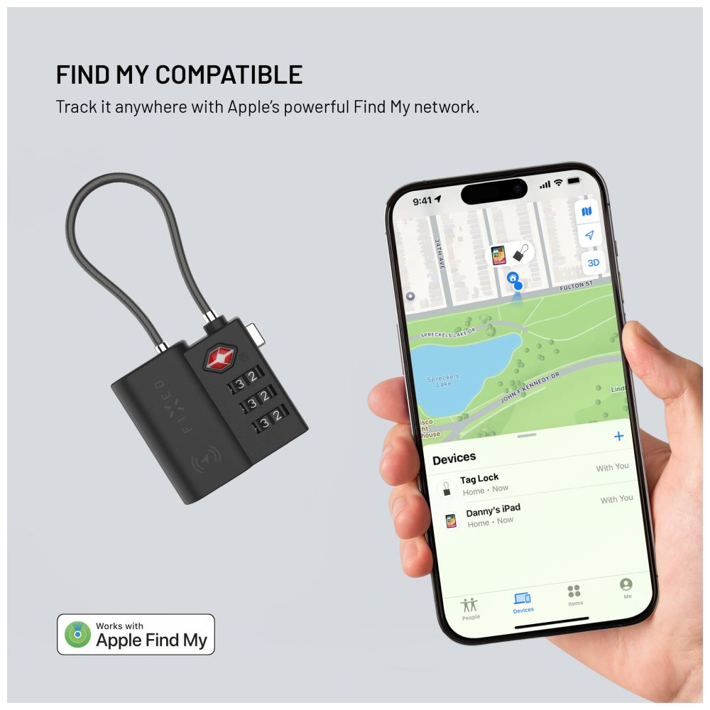 Ein schwarzes Schloss mit Kombination und eine Hand, die ein Telefon mit angezeigter Karte hält.