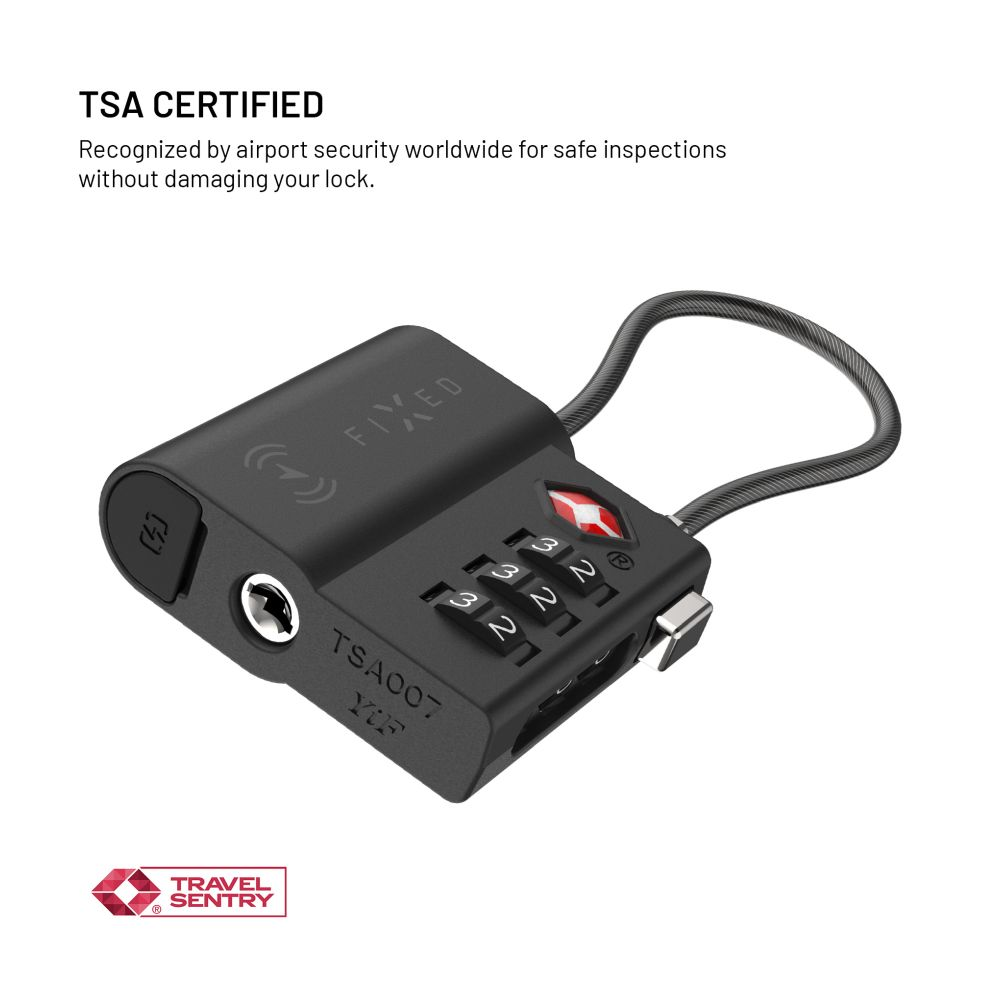 Schwarzes TSA-Schloss mit Kabel und Zahlenkombination. Text: TSA ZERTIFIZIERT.