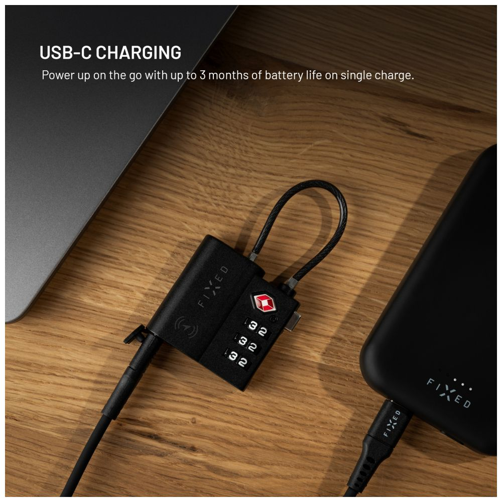 Schwarzes Schloss mit USB-C-Kabel an schwarzer Powerbank, Text 'USB-C Charging'.