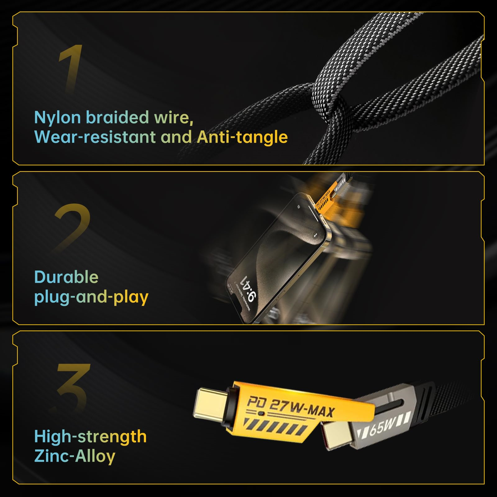 Geflochtenes schwarzes Ladekabel Details: Nylondraht, Plug-and-Play, Zinklegierungsstecker.