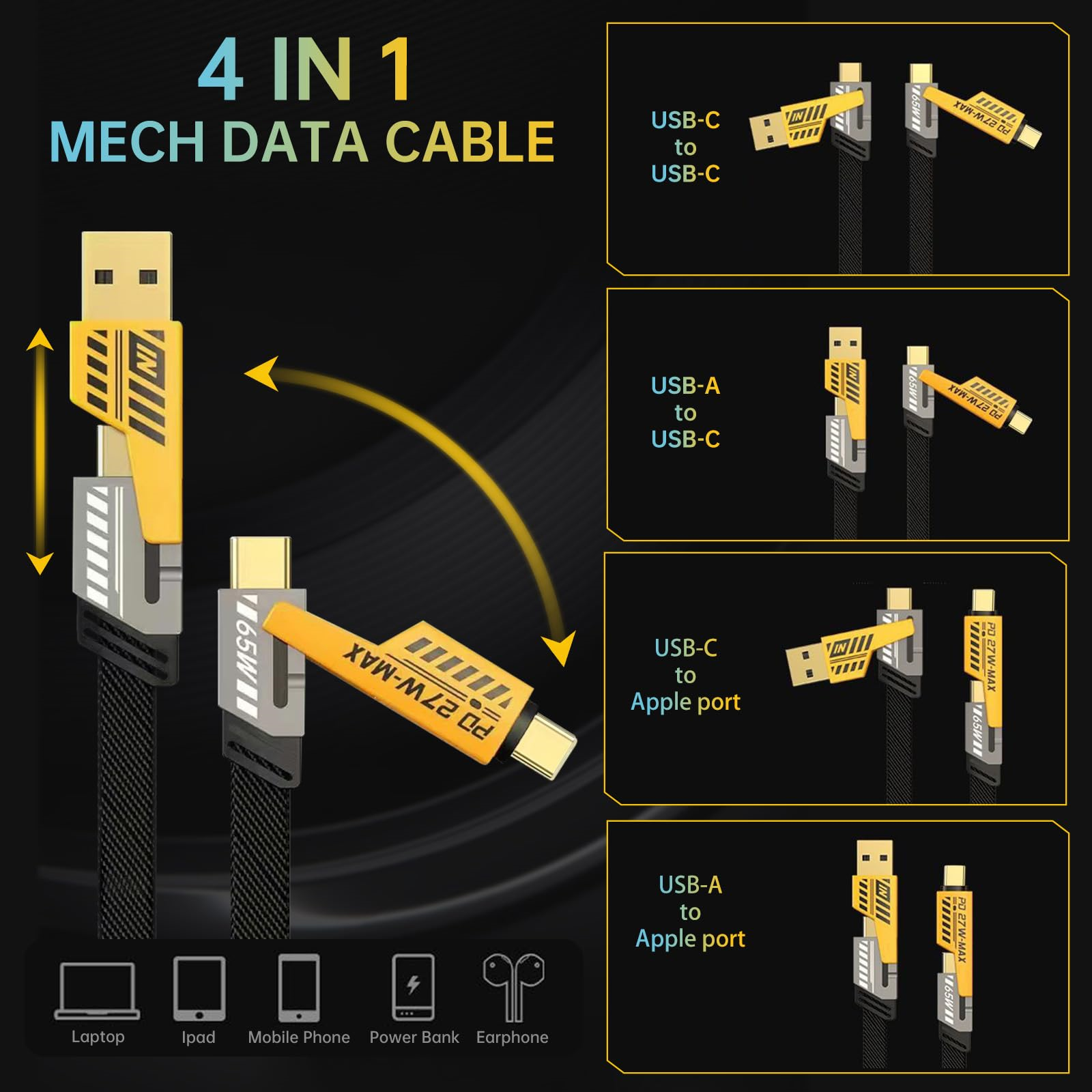 Ein 4-in-1-Mech-Datenkabel mit verschiedenen Anschlüssen für verschiedene Geräte wird gezeigt.