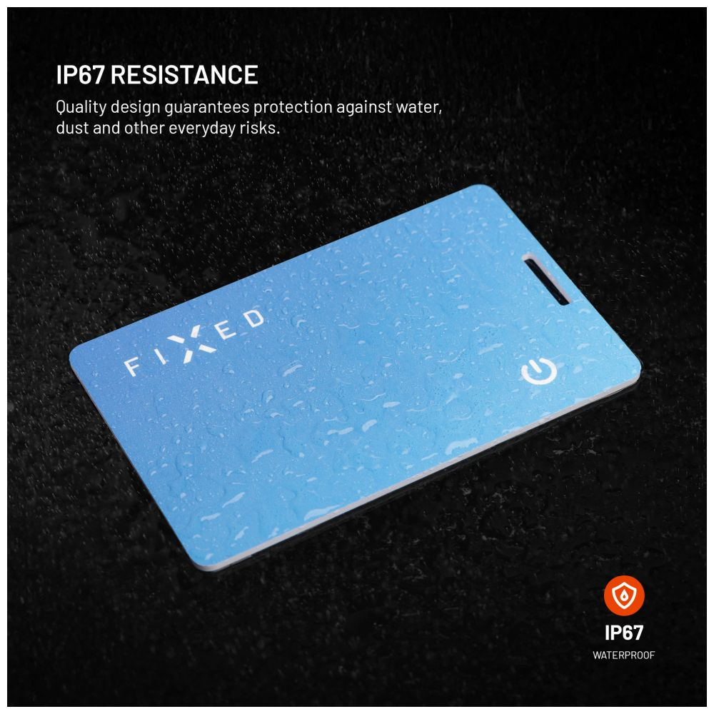 Eine blaue Karte mit Text. Der Text lautet 'FIXED' und 'IP67 WATERPROOF'.