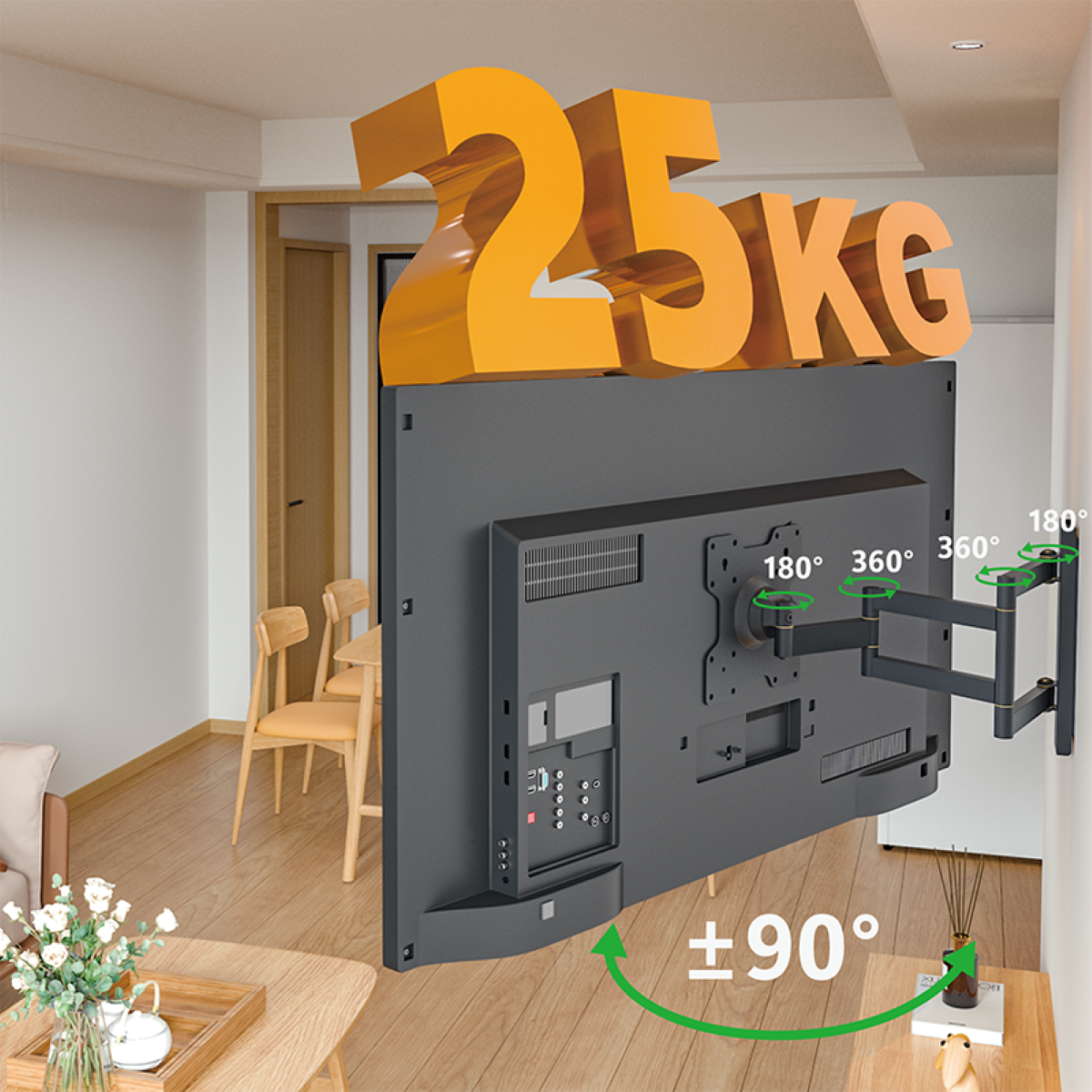 Ein Fernseher an einer verstellbaren Wandhalterung. Die Halterung zeigt 180- und 360-Grad-Rotationsoptionen. 25KG Limit.