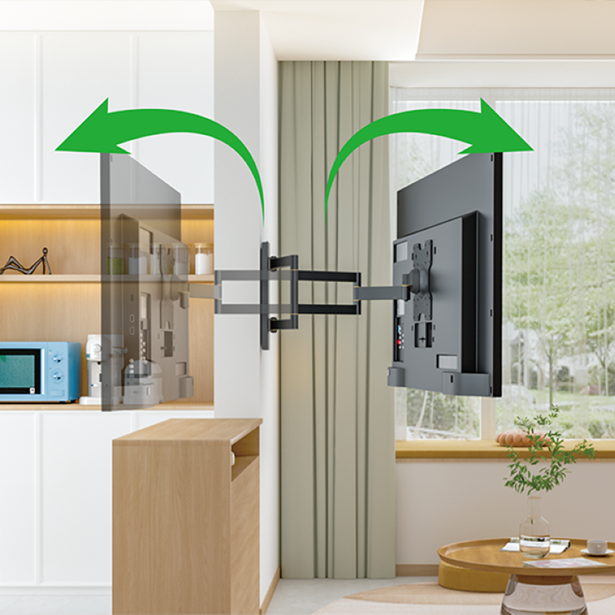 An der Wand montierter Fernseher mit Pfeilen. TV in geschlossener und offener Position.