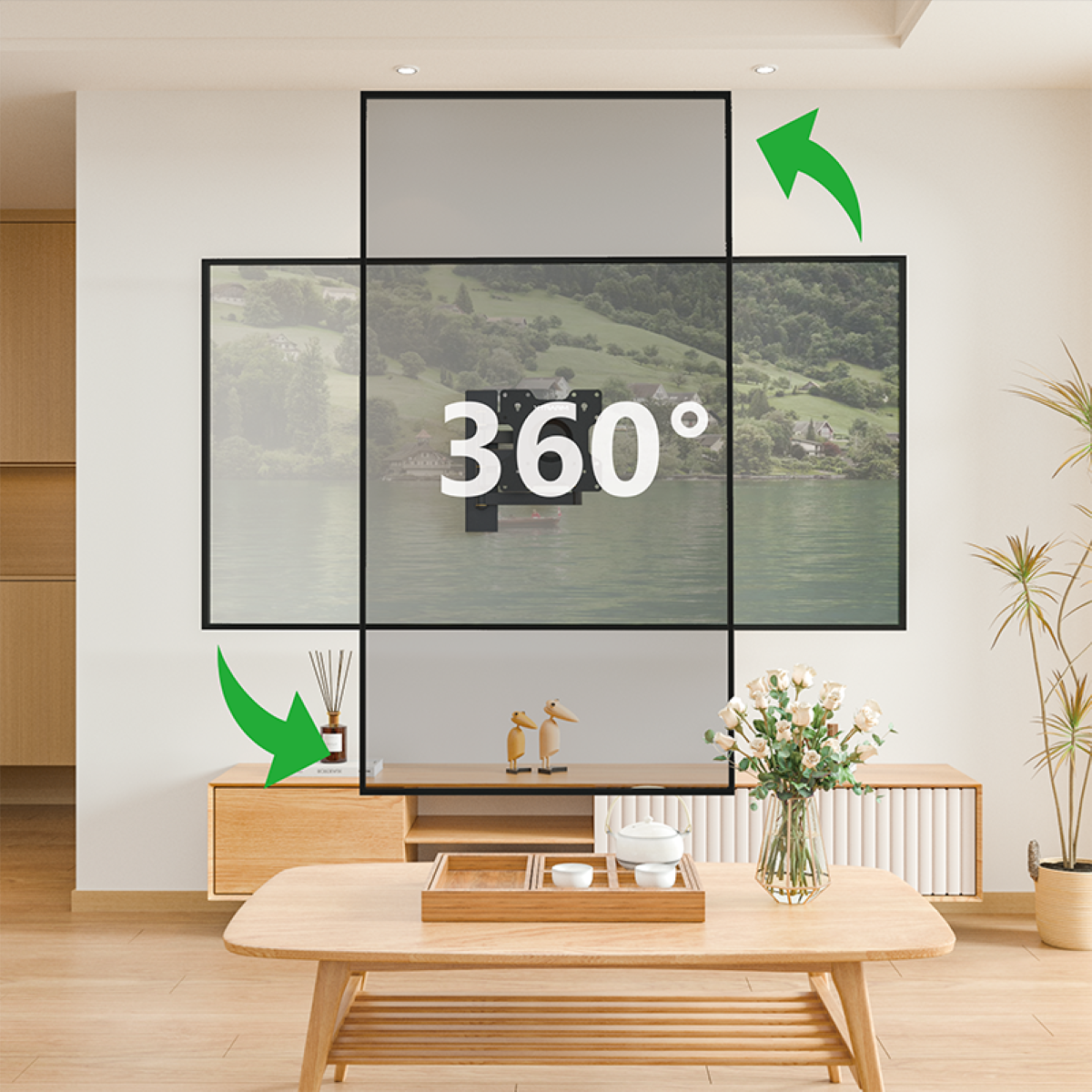 Ein an der Wand montierter Fernseher mit Schwenkfunktion und 360-Grad-Drehung.