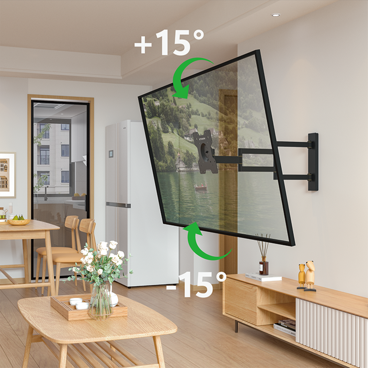 Fernseher an Halterung, dreht sich +15/-15 Grad. Wohnzimmerumgebung. Weiße Wand. Holzschrank.