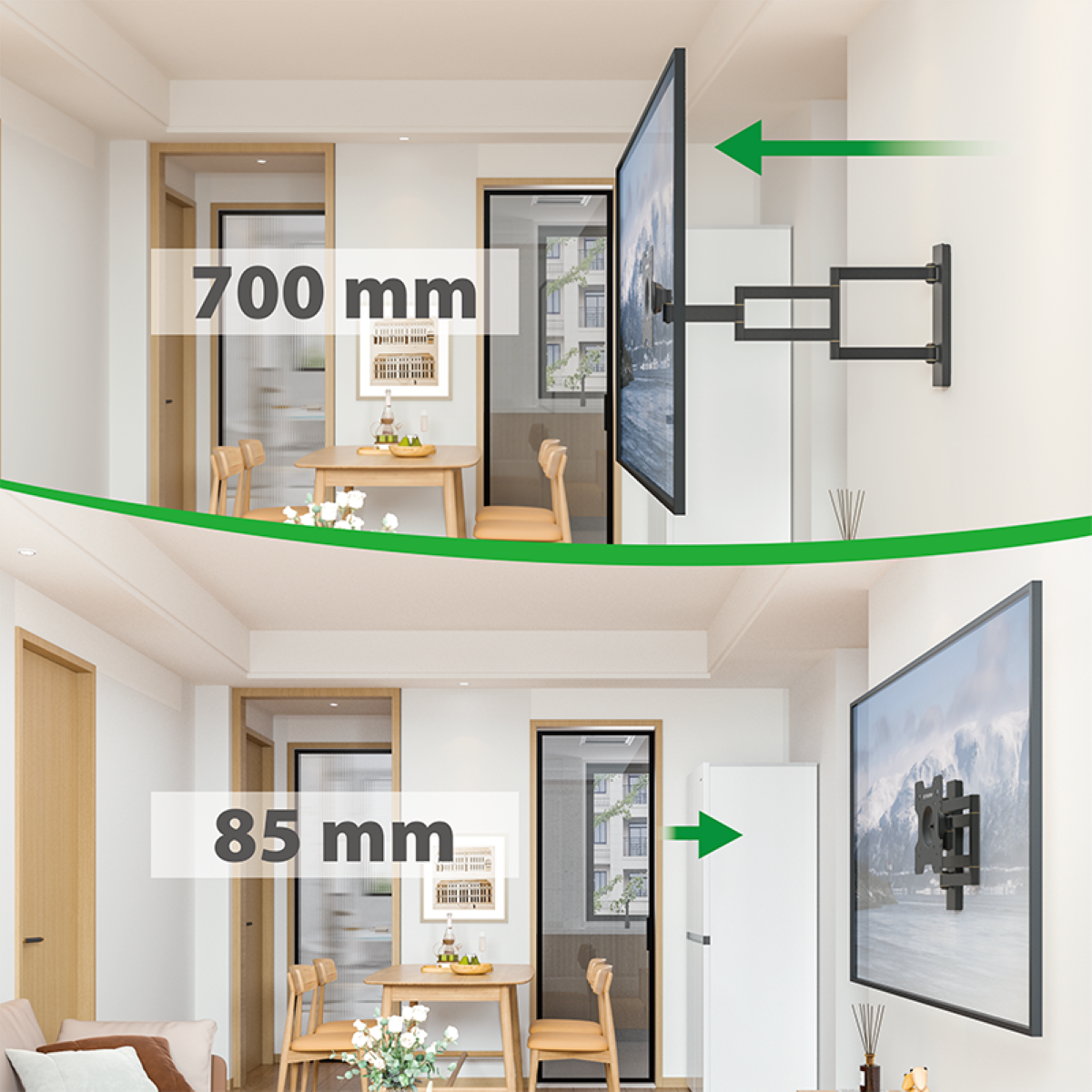 TV-Halterungsvergleich, der 700-mm-Verlängerung vs. 85 mm zeigt, mit Fenster und Möbeln.