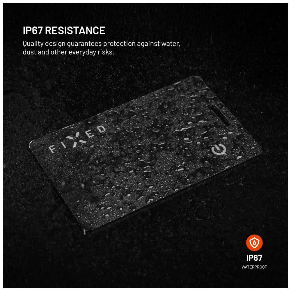Schwarze Karte mit dem Wort FIXED, bedeckt mit Wassertropfen, IP67 wasserdicht Symbol.