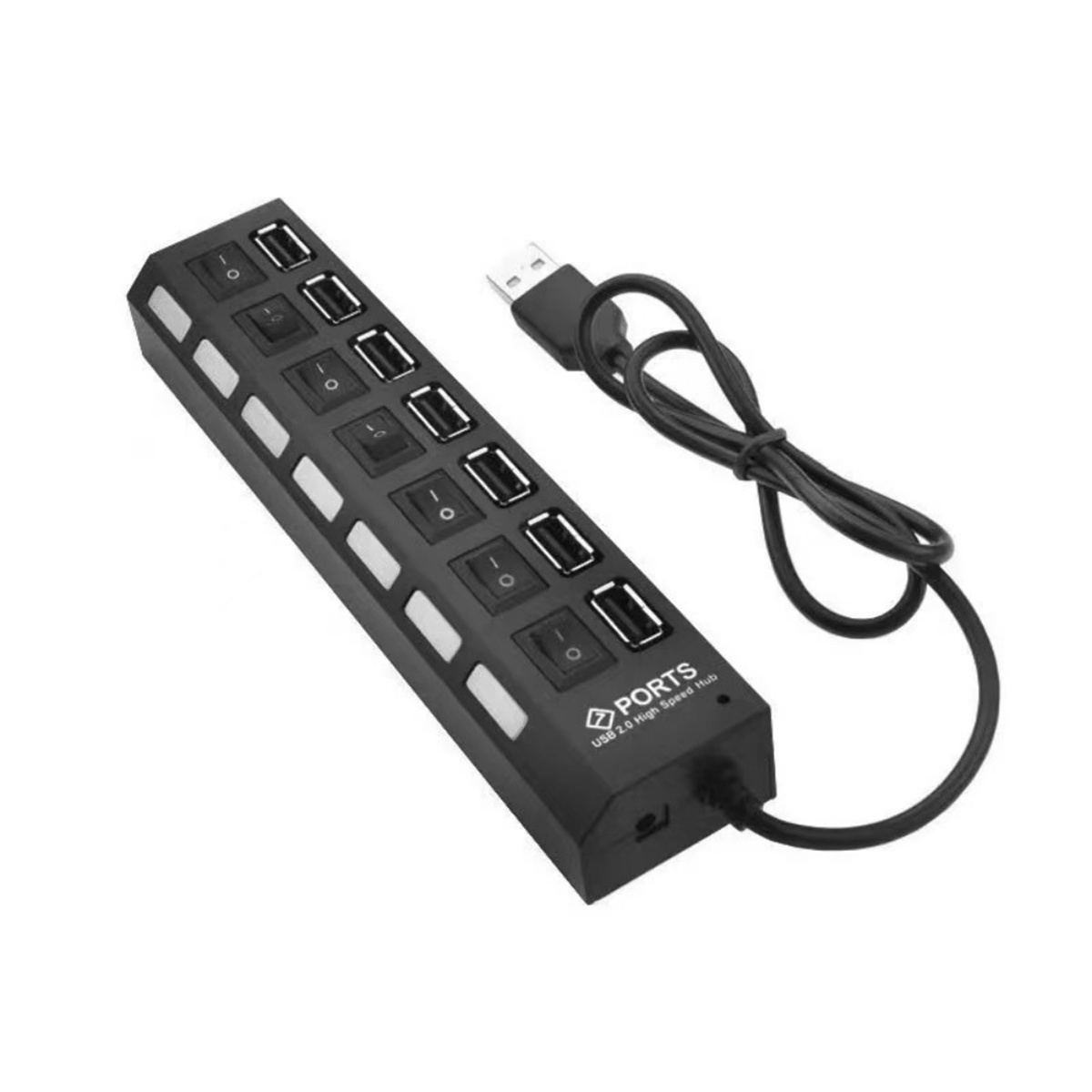 Schwarzer USB-Hub mit mehreren Anschlüssen auf weißem Hintergrund.