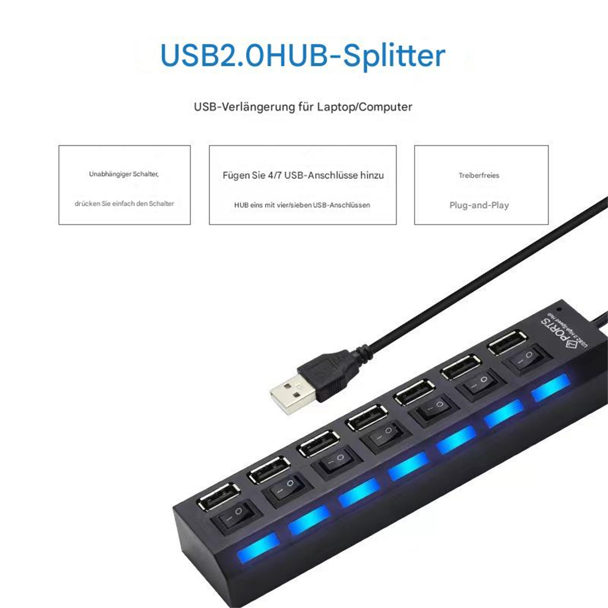 Ein schwarzer USB-Hub mit mehreren Anschlüssen und blauen Kontrollleuchten.