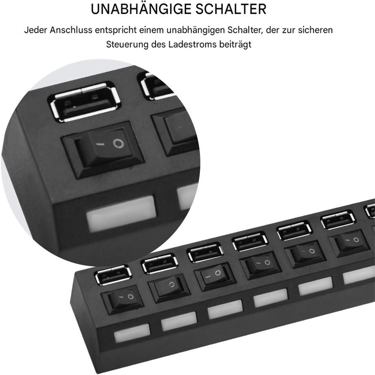 Schwarzer USB-Hub mit mehreren USB-Anschlüssen und individuellen Netzschaltern.