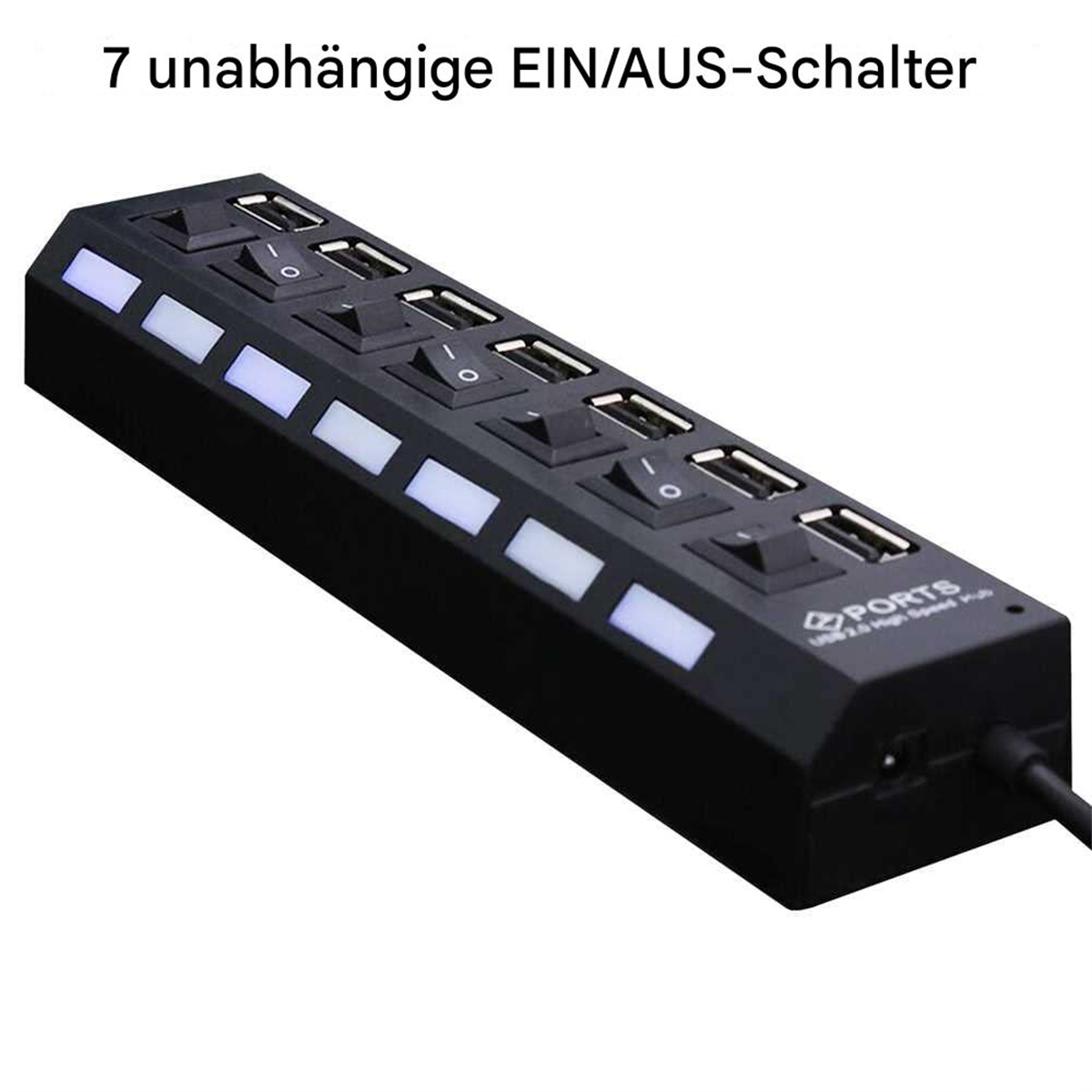 Ein schwarzer USB-Hub mit sieben Schaltern. Der Text lautet: 7 unabhängige EIN/AUS-Schalter. Weiße Anzeigeleuchten an.