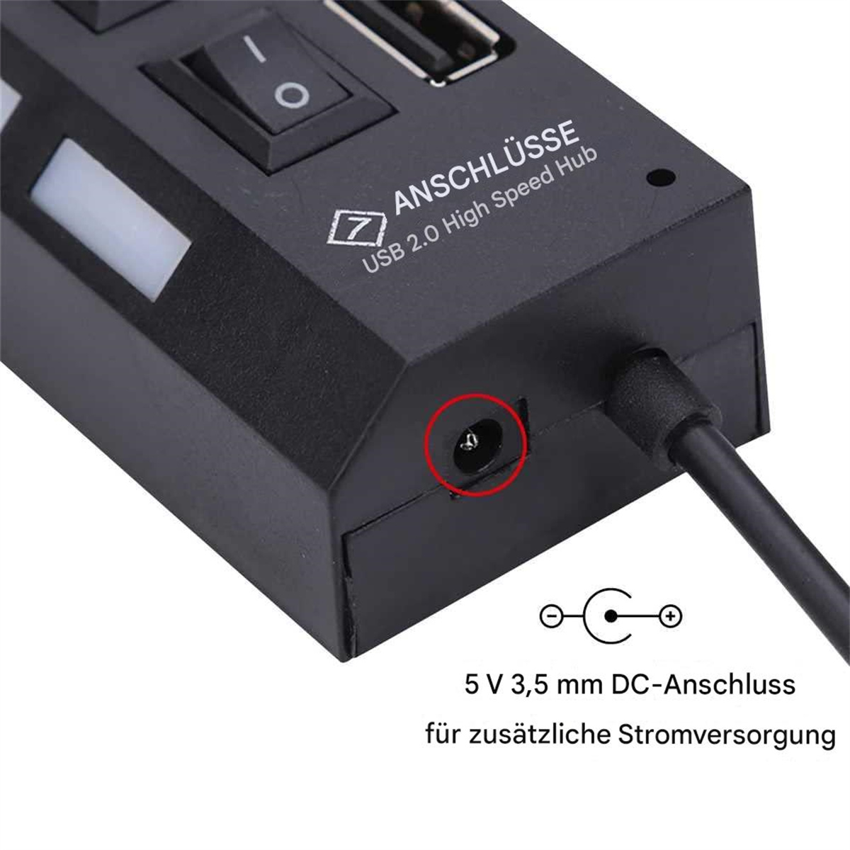 Nahaufnahme eines schwarzen USB-Hubs mit Stromeingang. Der Stromeingang ist rot umkreist, mit 5V 3,5mm DC-Beschreibung.