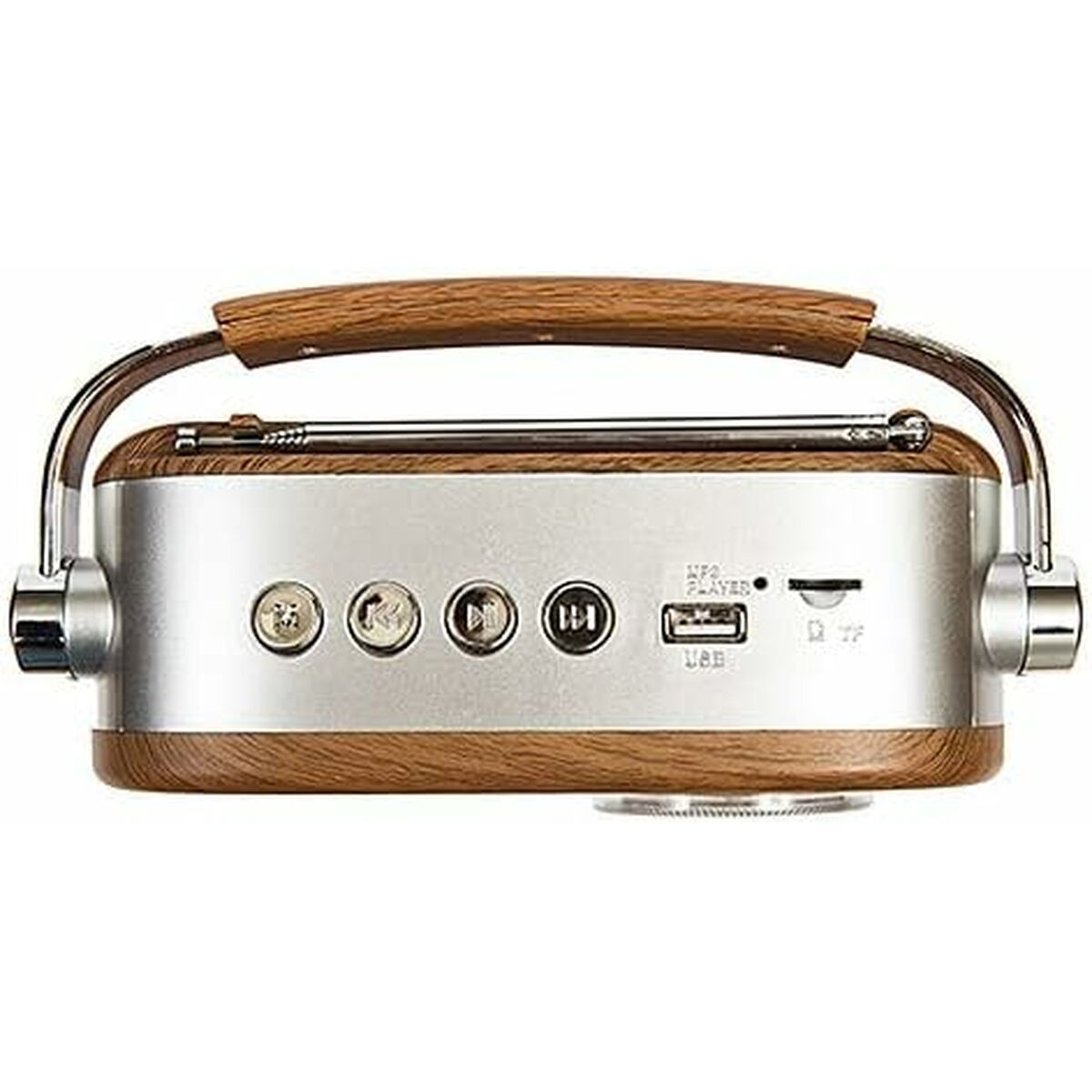 Srebrne i drewniane radio retro. Przyciski z przodu i uchwyt na górze.