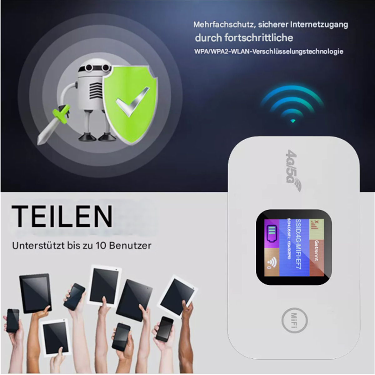 Grafik zeigt ein mobiles WLAN-Gerät mit Schild und Händen, die Geräte halten. Der Hintergrund ist dunkel.