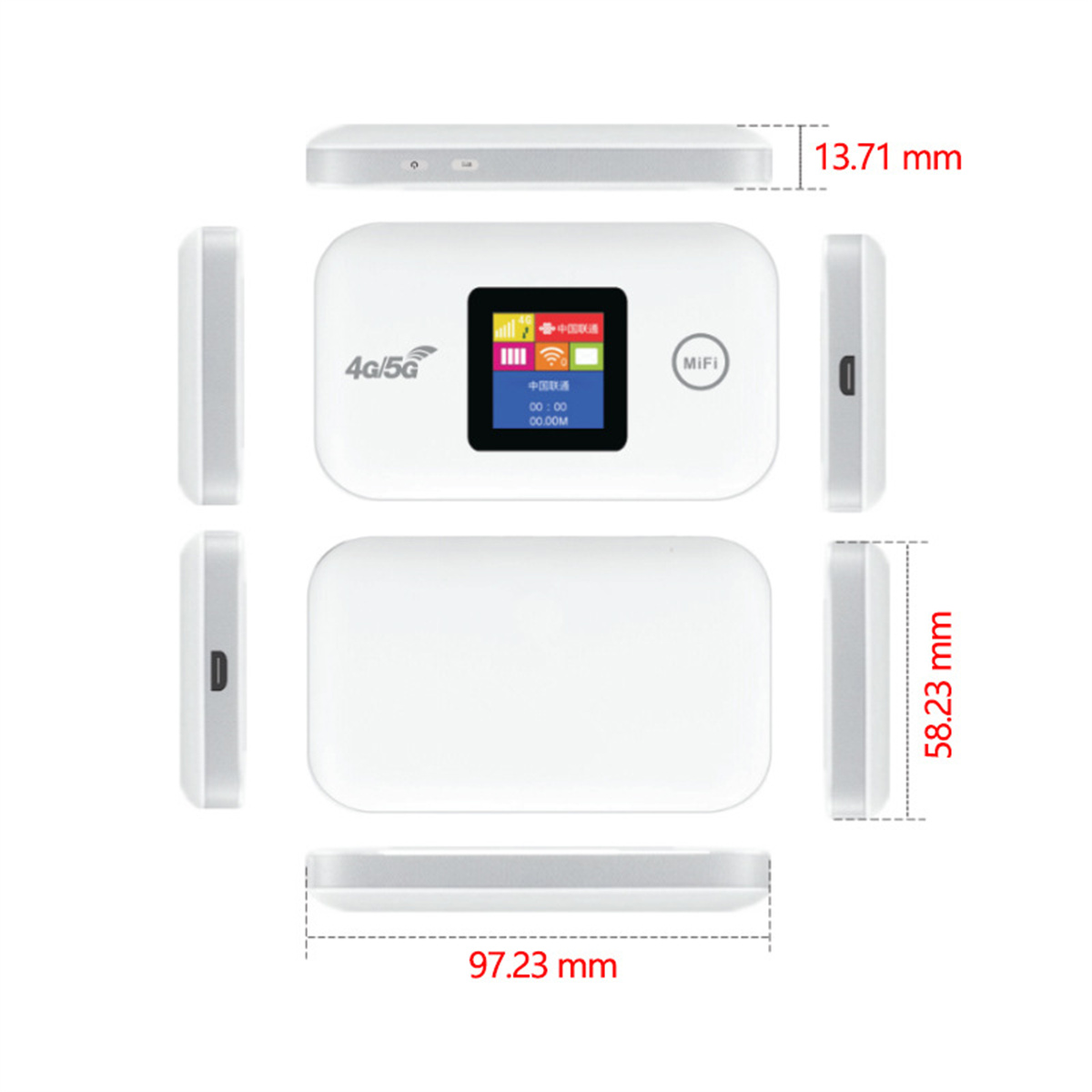 Weißes MiFi-Gerät, Abmessungen gezeigt. Es hat einen Bildschirm mit Symbolen und Text.