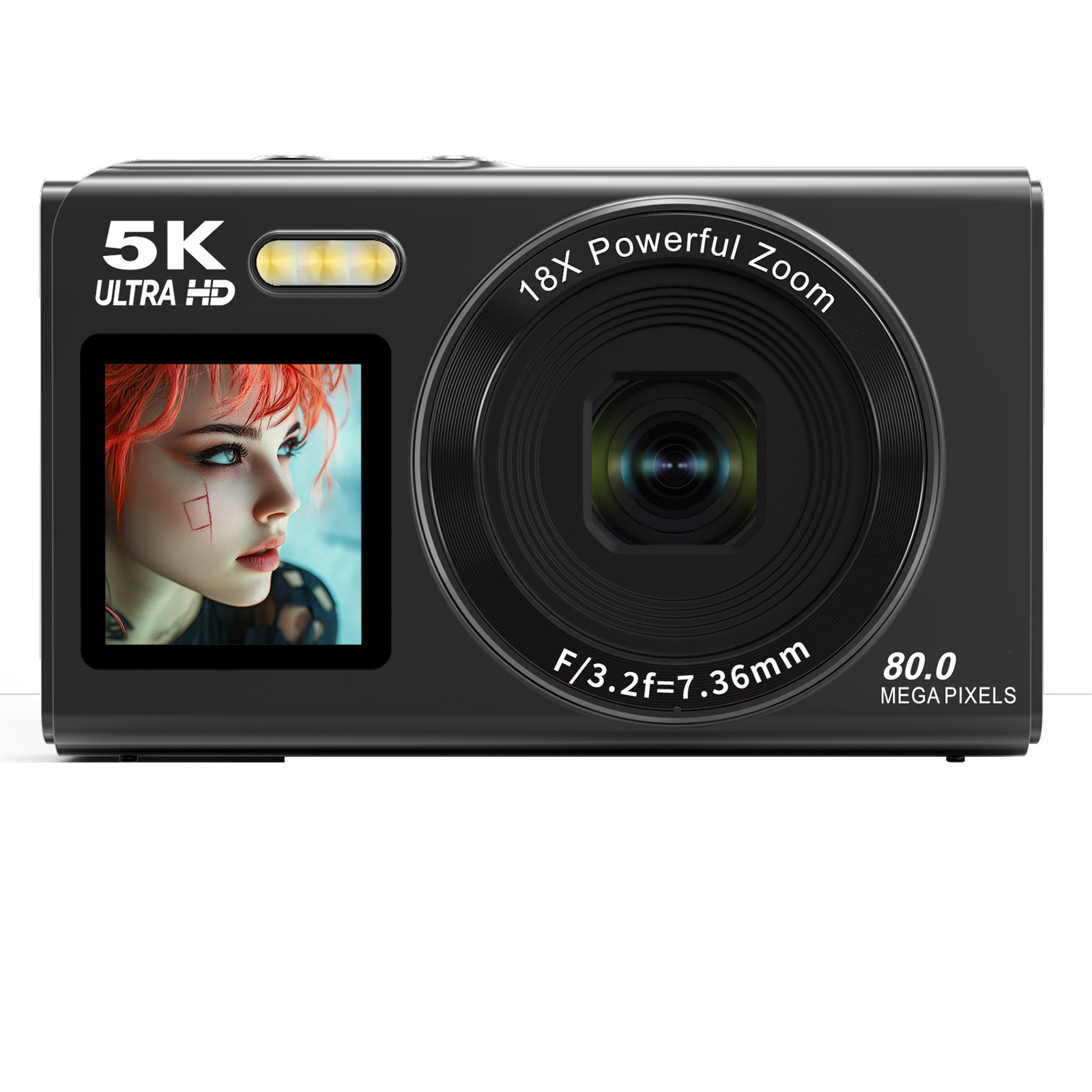 Eine schwarze Digitalkamera. Auf dem Bildschirm wird ein Bild einer Frau gezeigt.