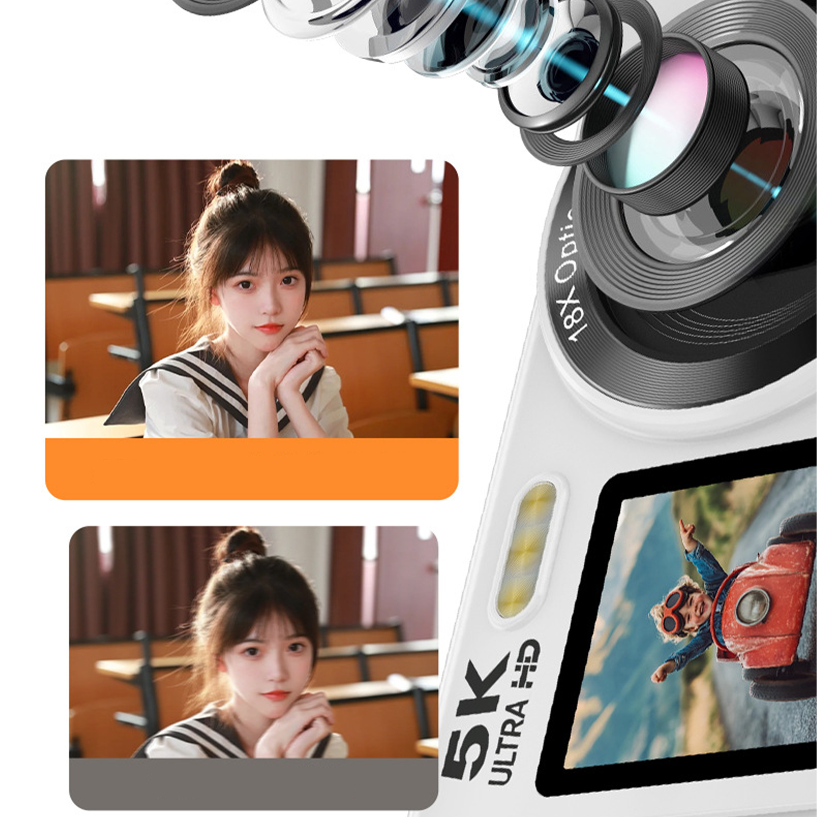 Frau mit Dutt blickt in die Kamera. Kameraobjektiv mit 18x optischem Zoom. 5K Ultra HD Display.