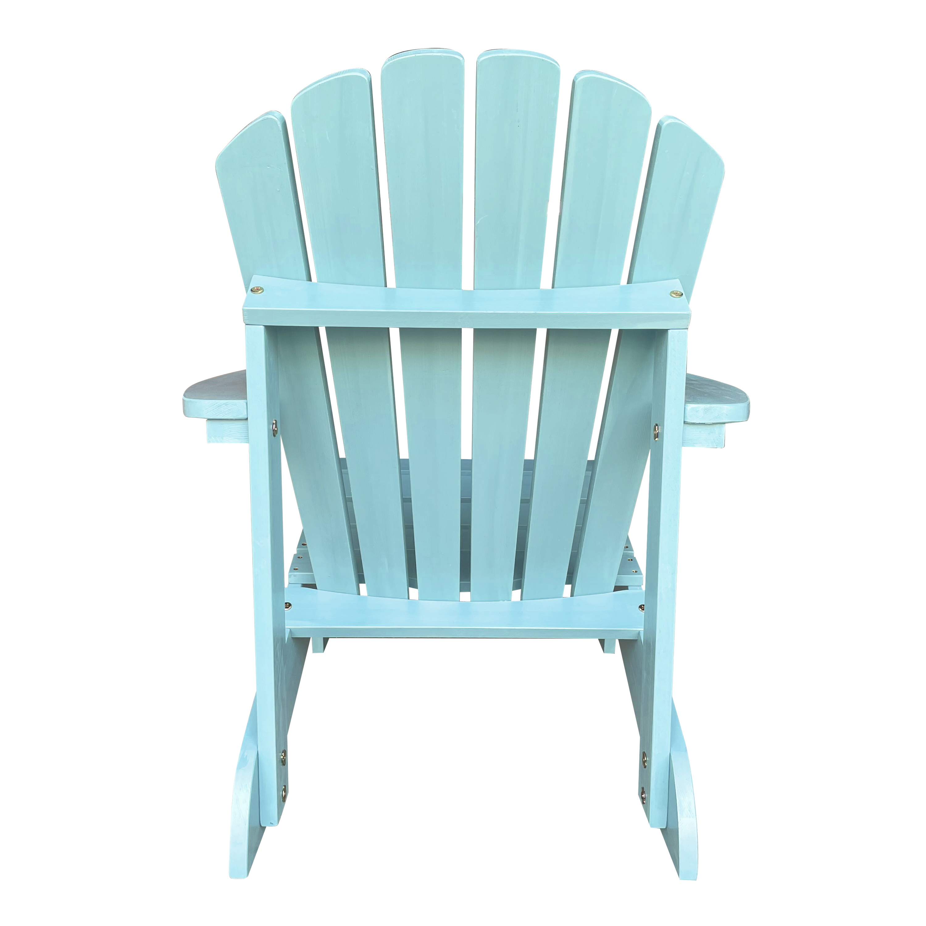 Hellblauer hölzerner Adirondack-Stuhl, Rückansicht, auf weißem Hintergrund.