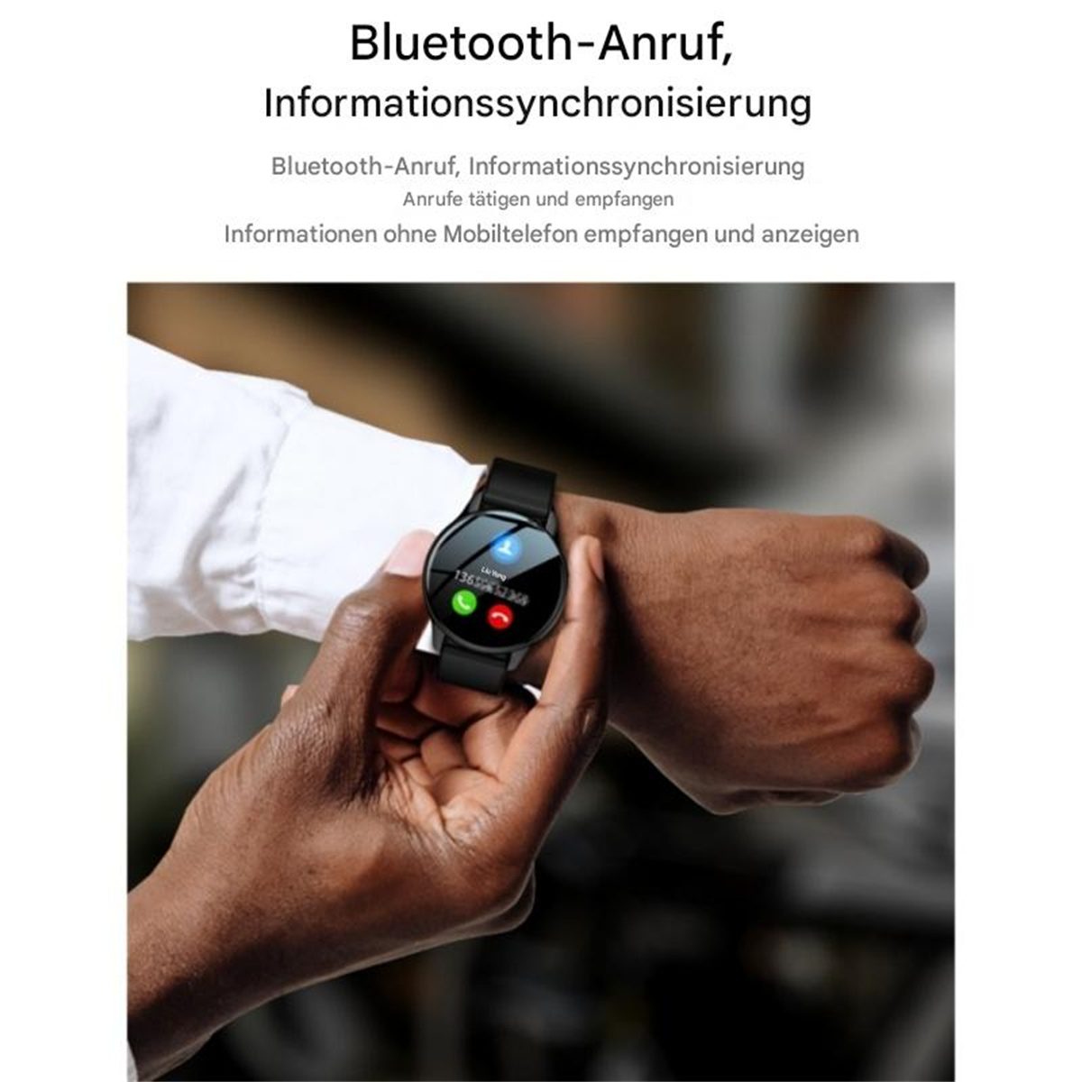 Smartwatch am Handgelenk mit Anrufoberfläche, Text: Bluetooth-Anruf, Informationssynchronisierung.