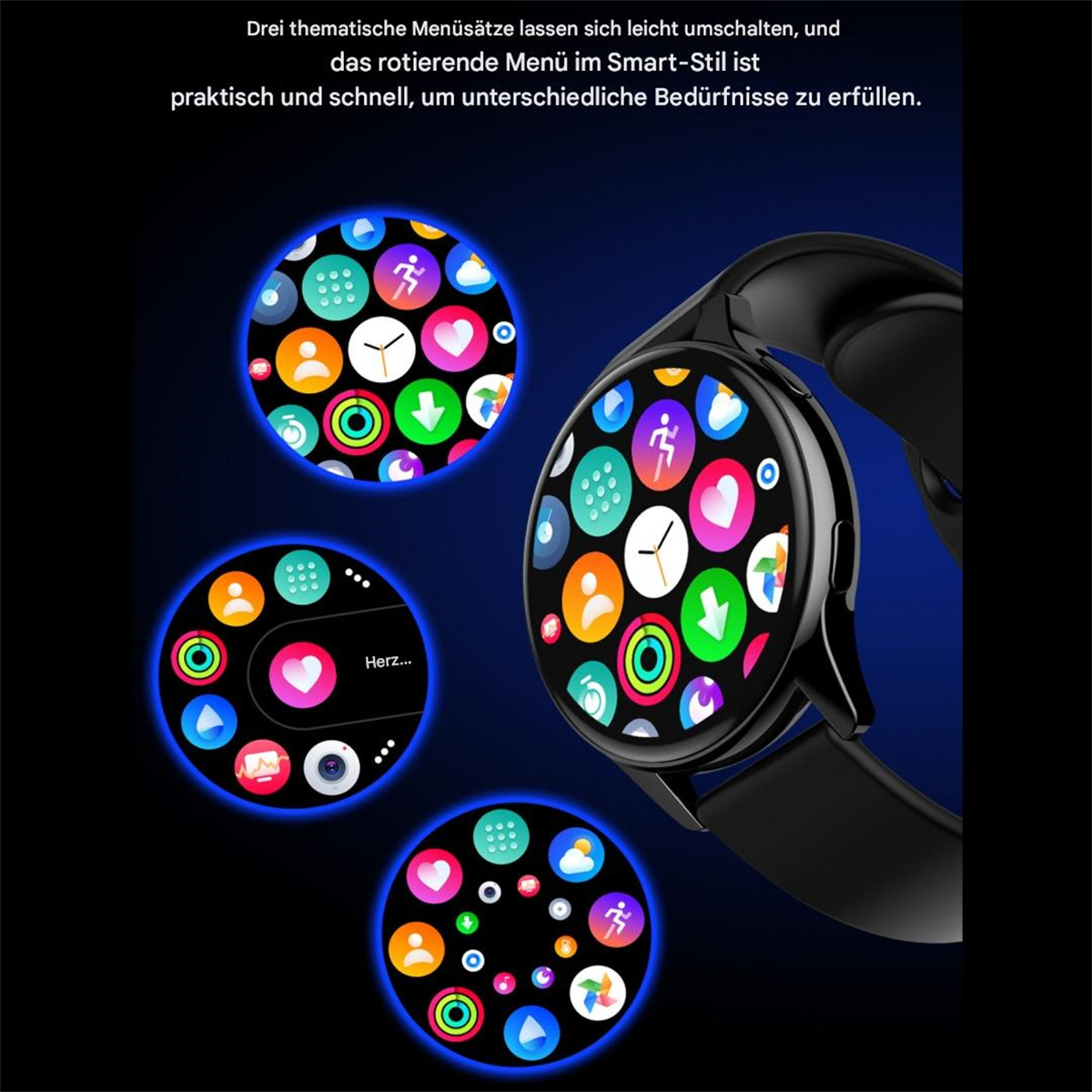 Smartwatch mit drei thematischen Menüs.