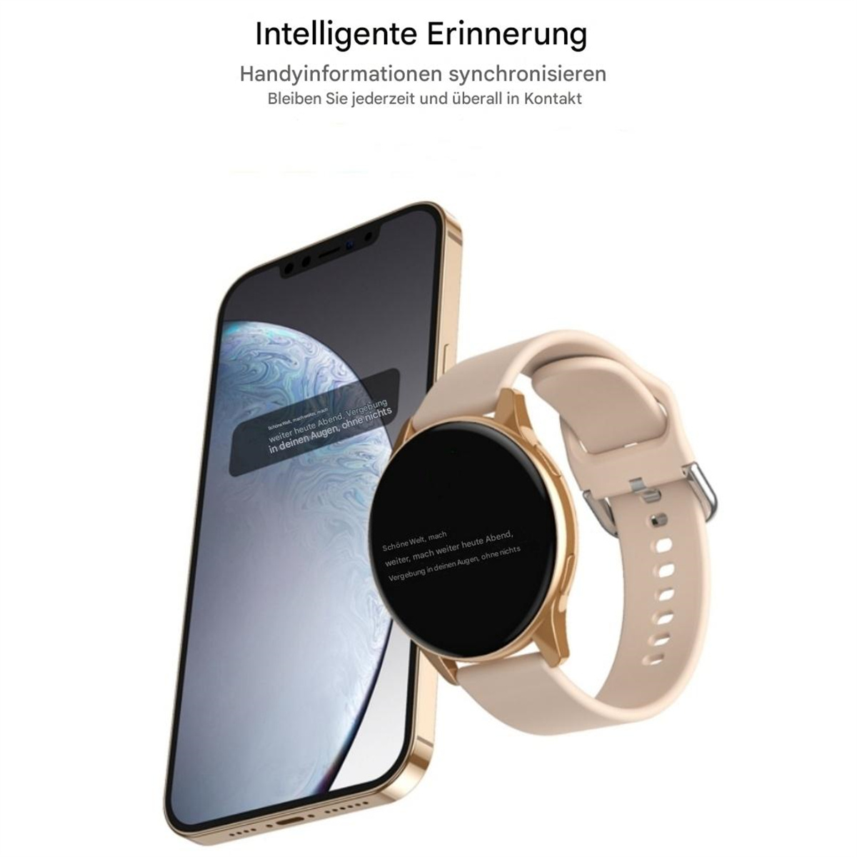 Eine Smartwatch und ein Smartphone, beide goldfarben und beige, vor weißem Hintergrund.