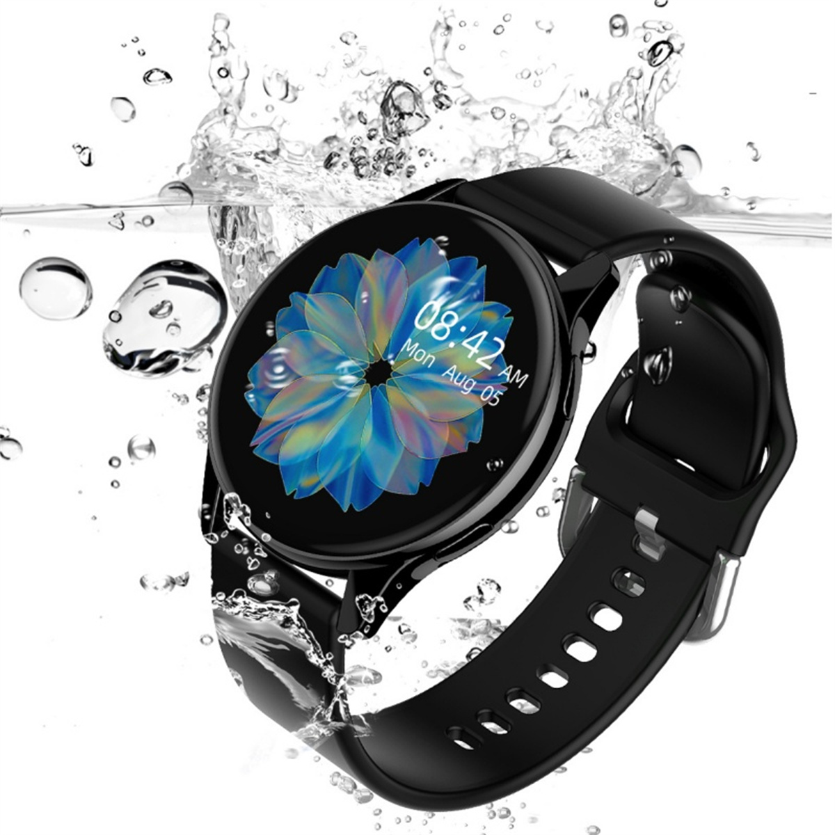 Eine schwarze Smartwatch mit rundem Zifferblatt, blauem Blumendisplay und Wassertropfen drumherum.