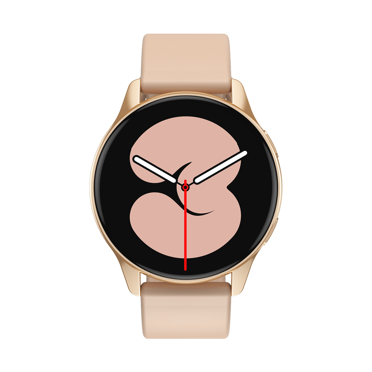 Goldene Smartwatch mit rundem Display. Die Uhr hat ein hellrosa Armband und Zifferblatt.