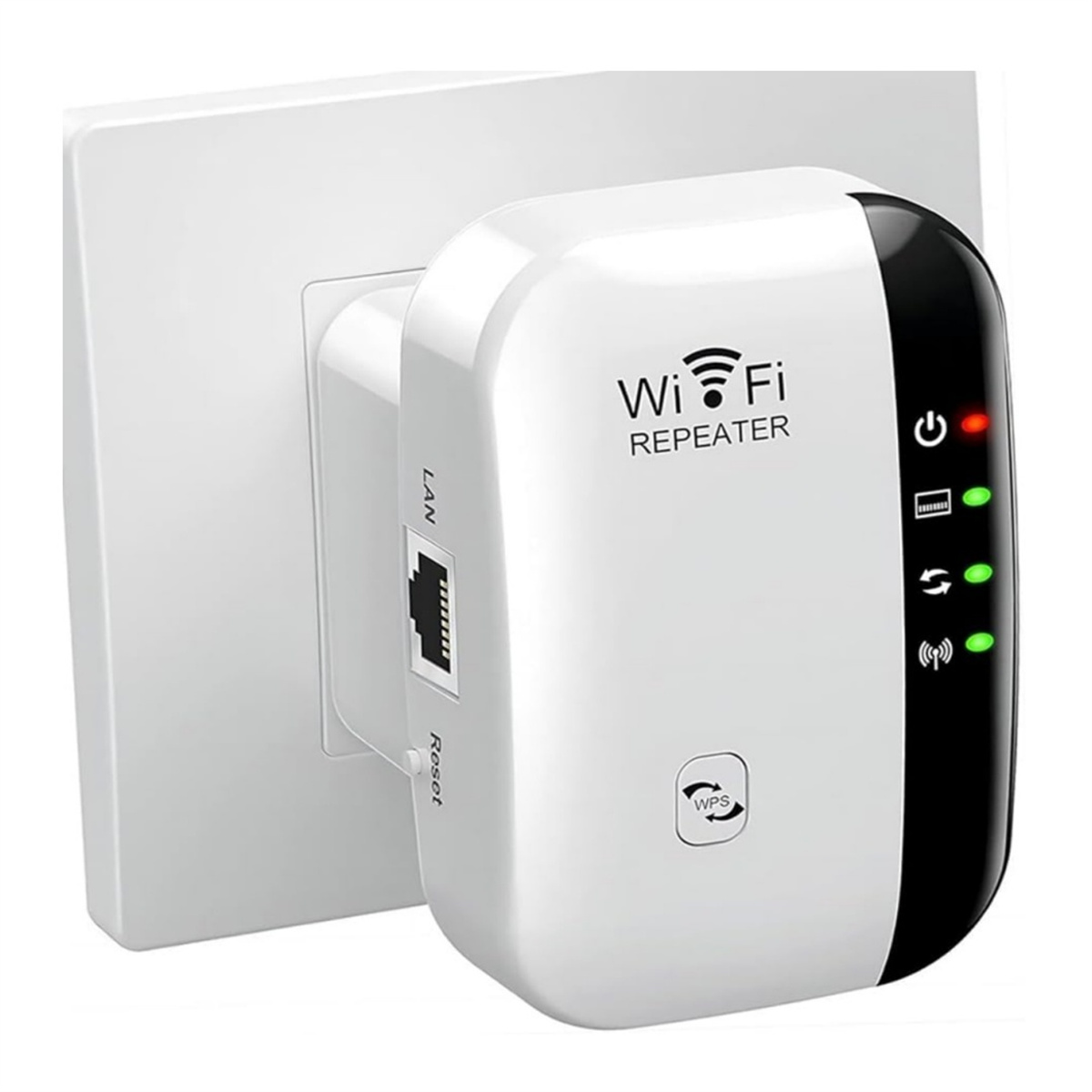 Ein weißer WLAN-Repeater, der mit Lichtern in eine Steckdose gesteckt ist.