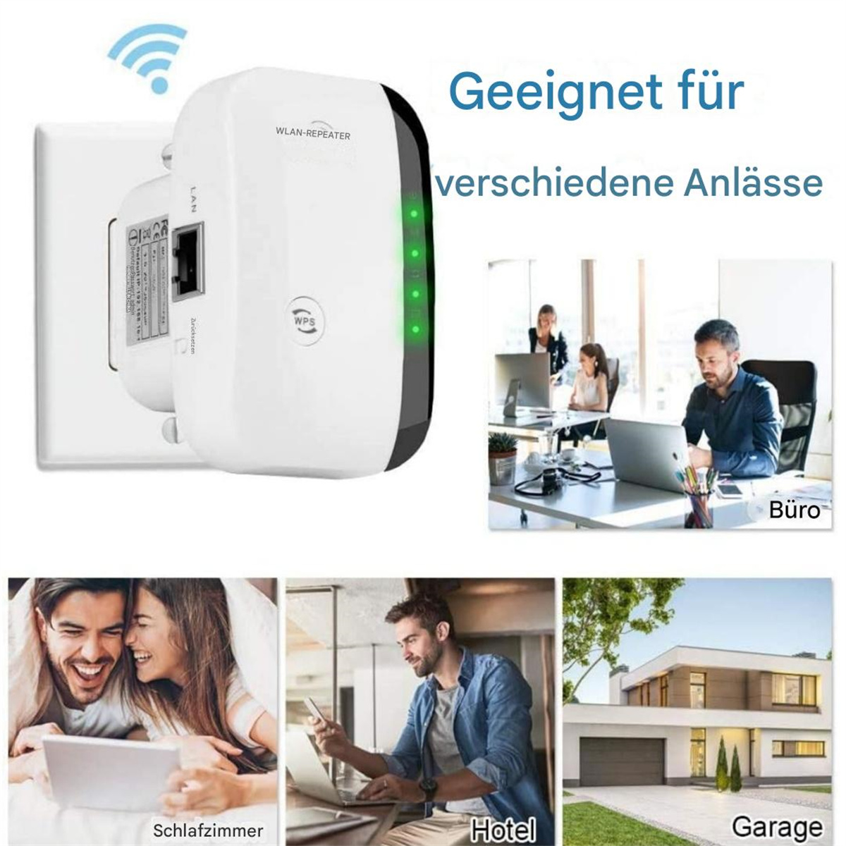 Weißer und schwarzer WLAN-Repeater, der in eine Steckdose gesteckt wird. Bilder von Büro-, Hotel- und Heimszenen werden gezeigt.