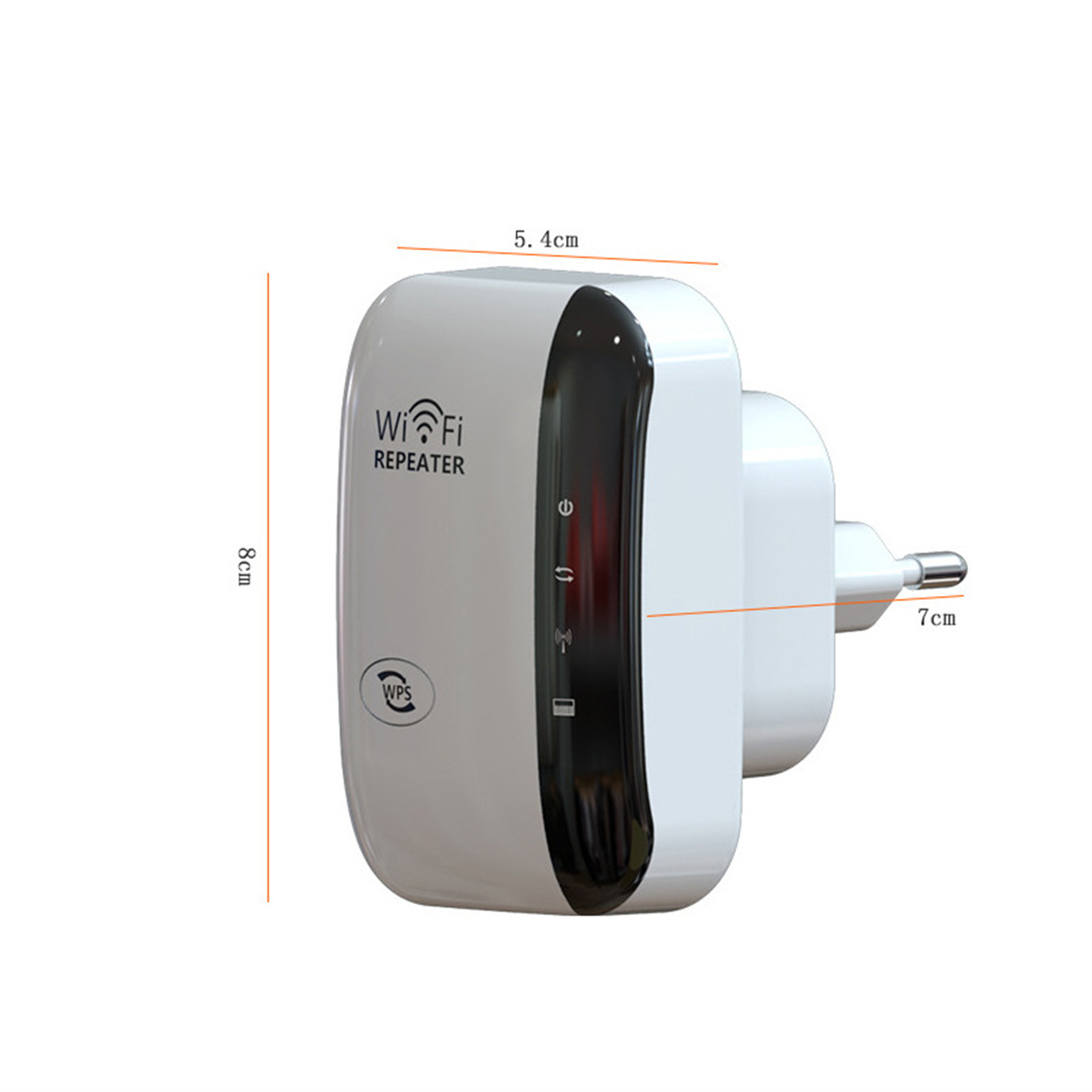 Weißer WLAN-Repeater mit Stecker, mit den Maßen 8 cm x 5,4 cm x 7 cm, mit WPS-Taste.