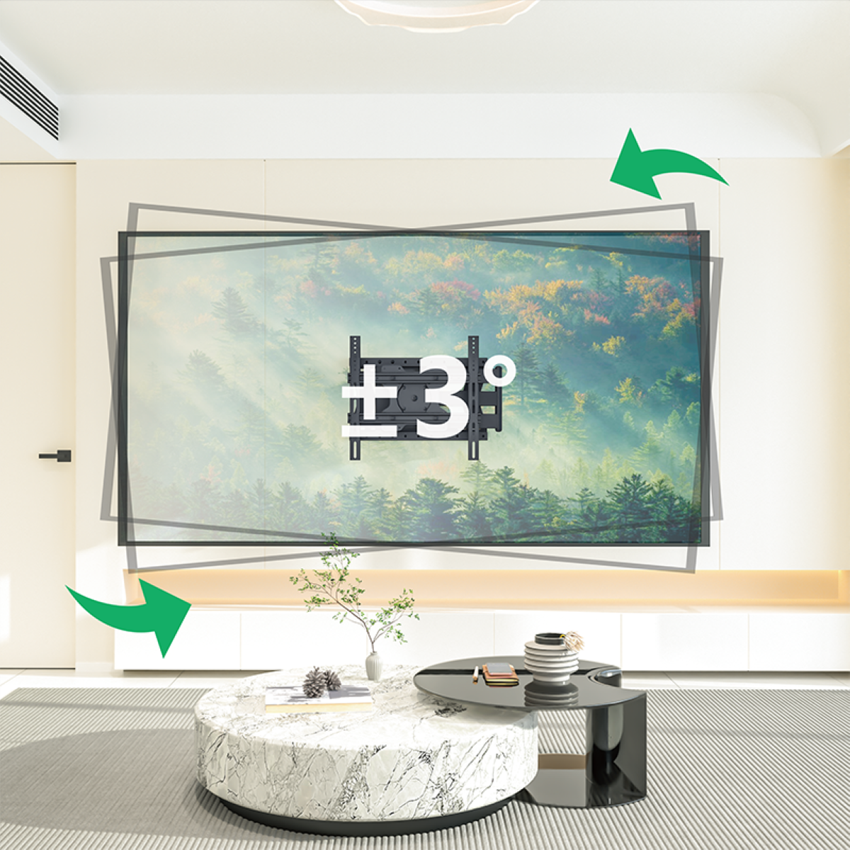 Wohnzimmer mit Fernseher über einem weißen Schrank, grüne Pfeile zeigen die Drehung des Fernsehbildschirms an.