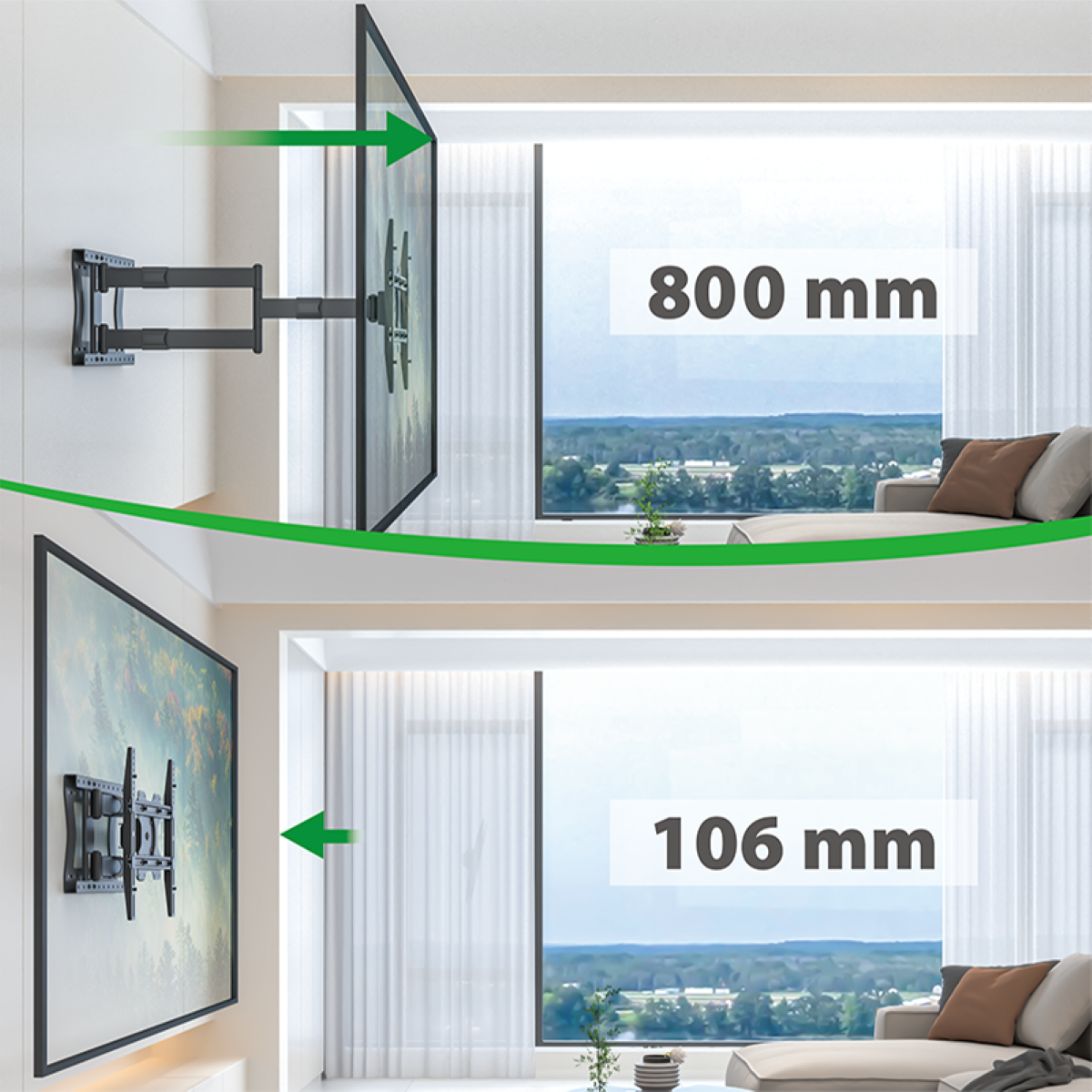 TV-Halterung mit angeschlossenem Fernseher, verschiedene Positionen und Abmessungen zeigend.