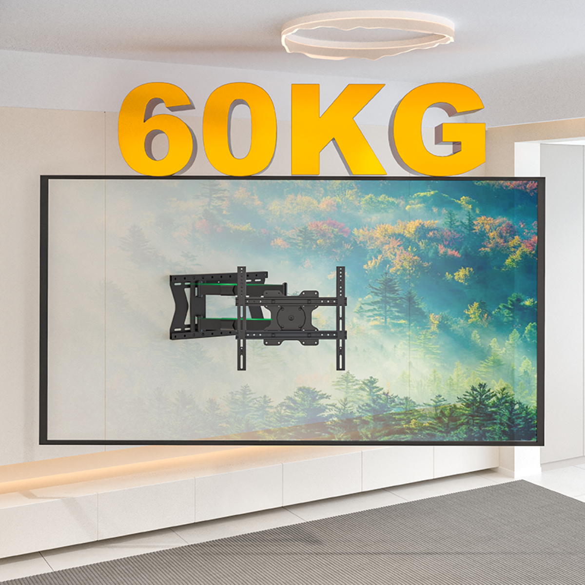 TV-Halterung an weißer Wand. Ein 60KG-Schild ist oben. Naturszene auf dem Fernseher.