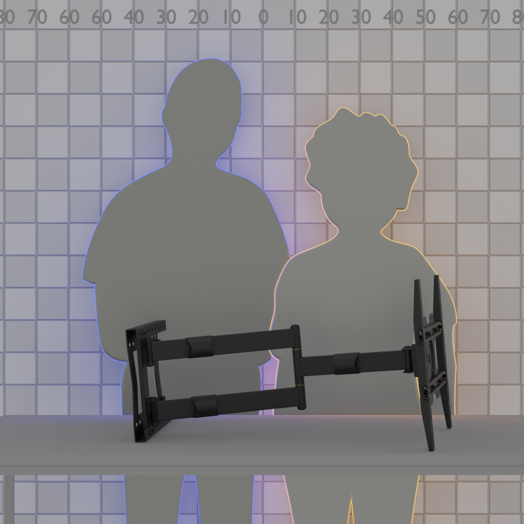 Schwarze TV-Halterung mit zwei grauen Silhouetten, weiße und blaue Quadrate.