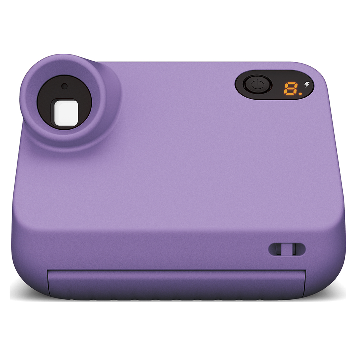 Una cámara instantánea morada con lente y pantalla.