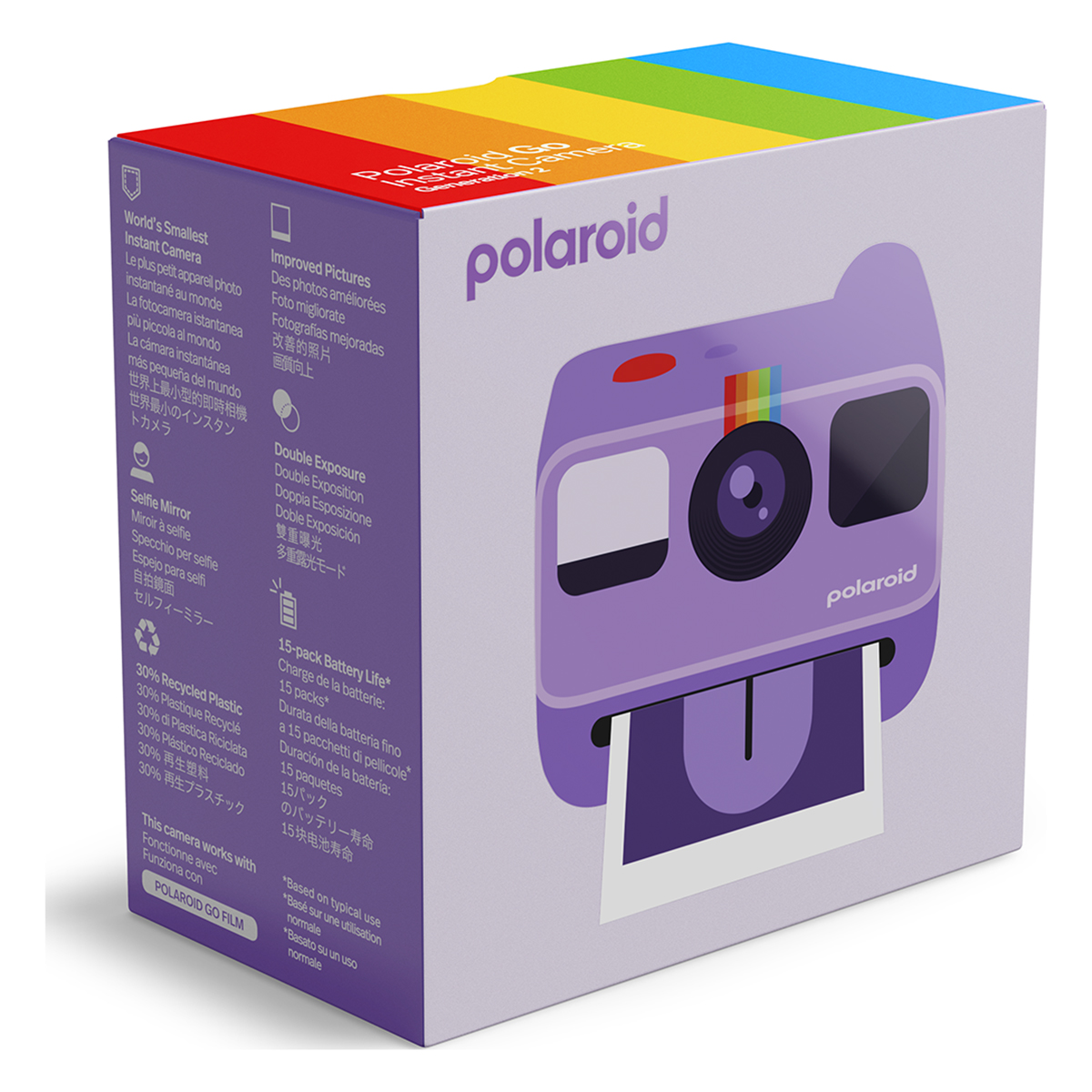 Una caja de cámara Polaroid morada con texto y una imagen de la cámara.