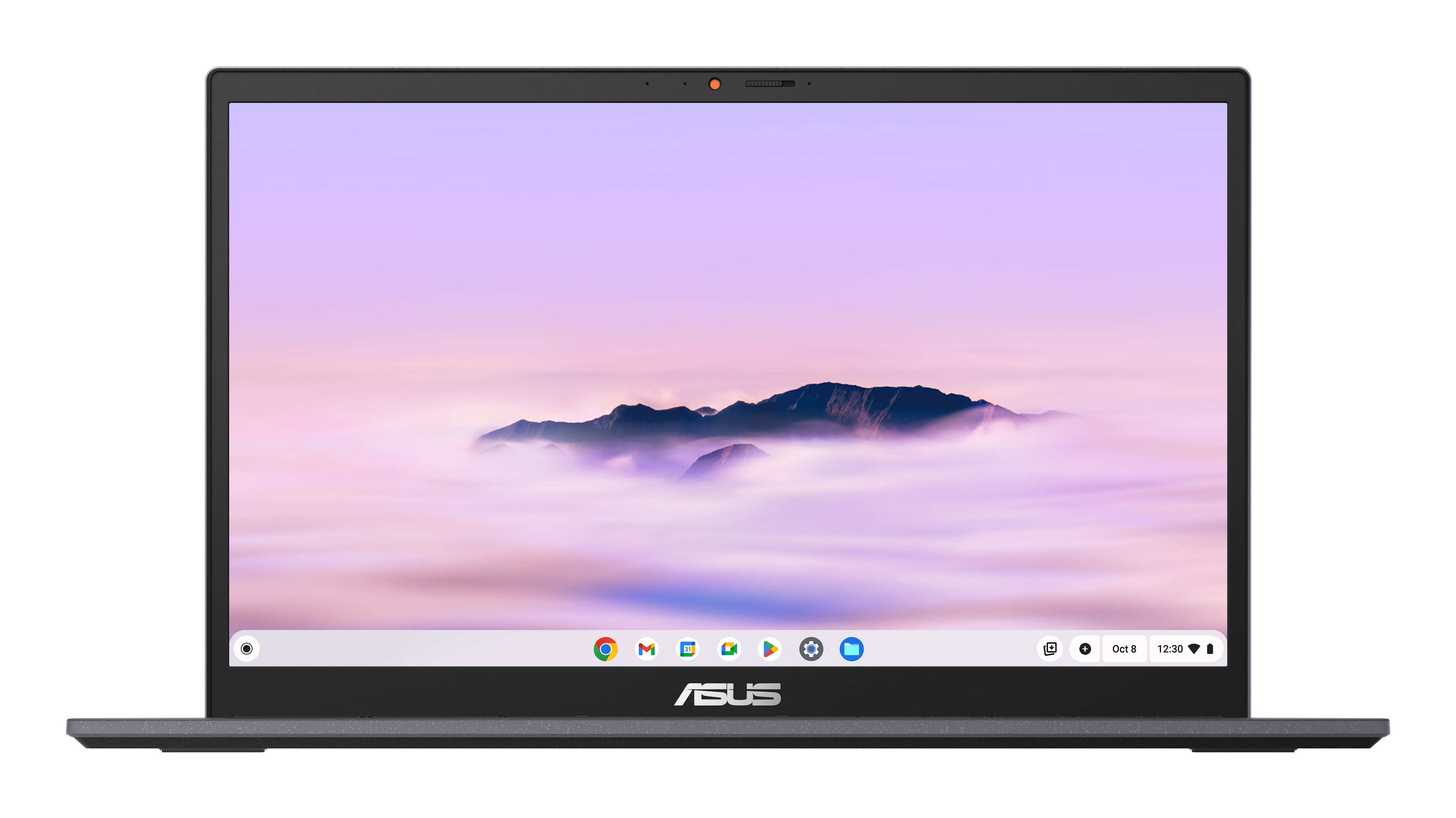 Laptop aperto, che mostra uno schermo con un cielo viola sopra le montagne.