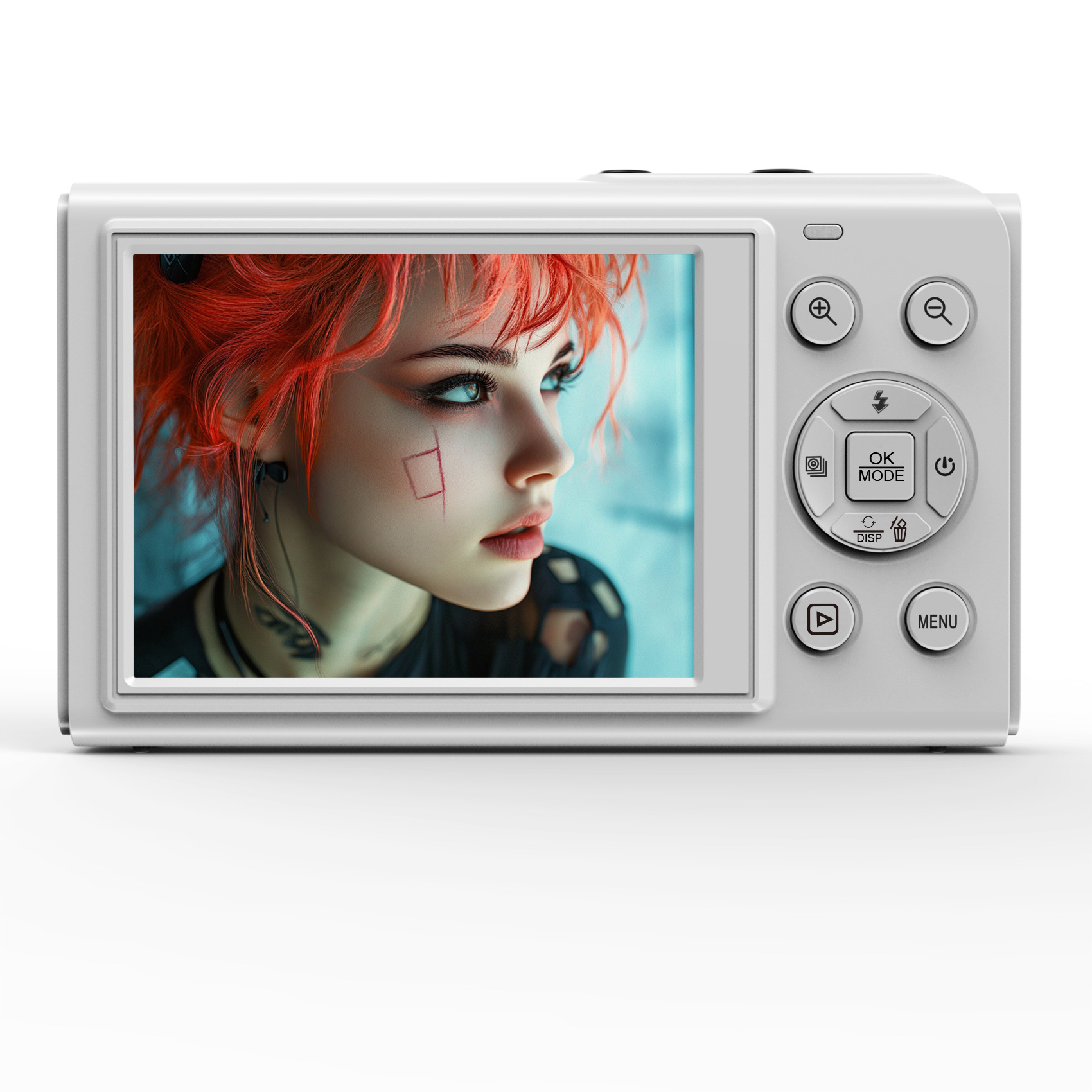 Eine weiße Digitalkamera mit einem Bildschirm, der das Gesicht einer Frau zeigt.