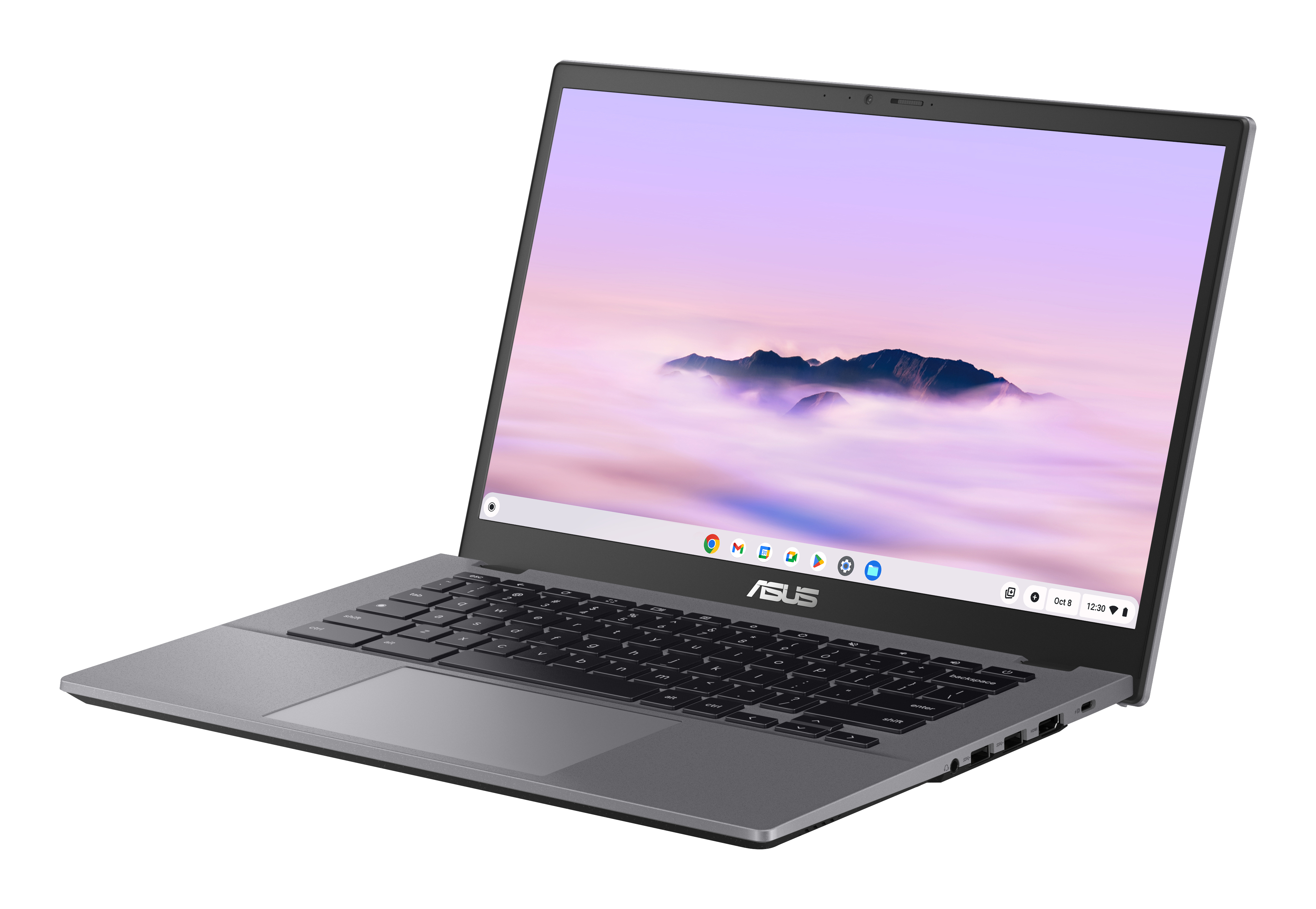 Un laptop Asus grigio è aperto, con schermo con sfondo di cielo nuvoloso.