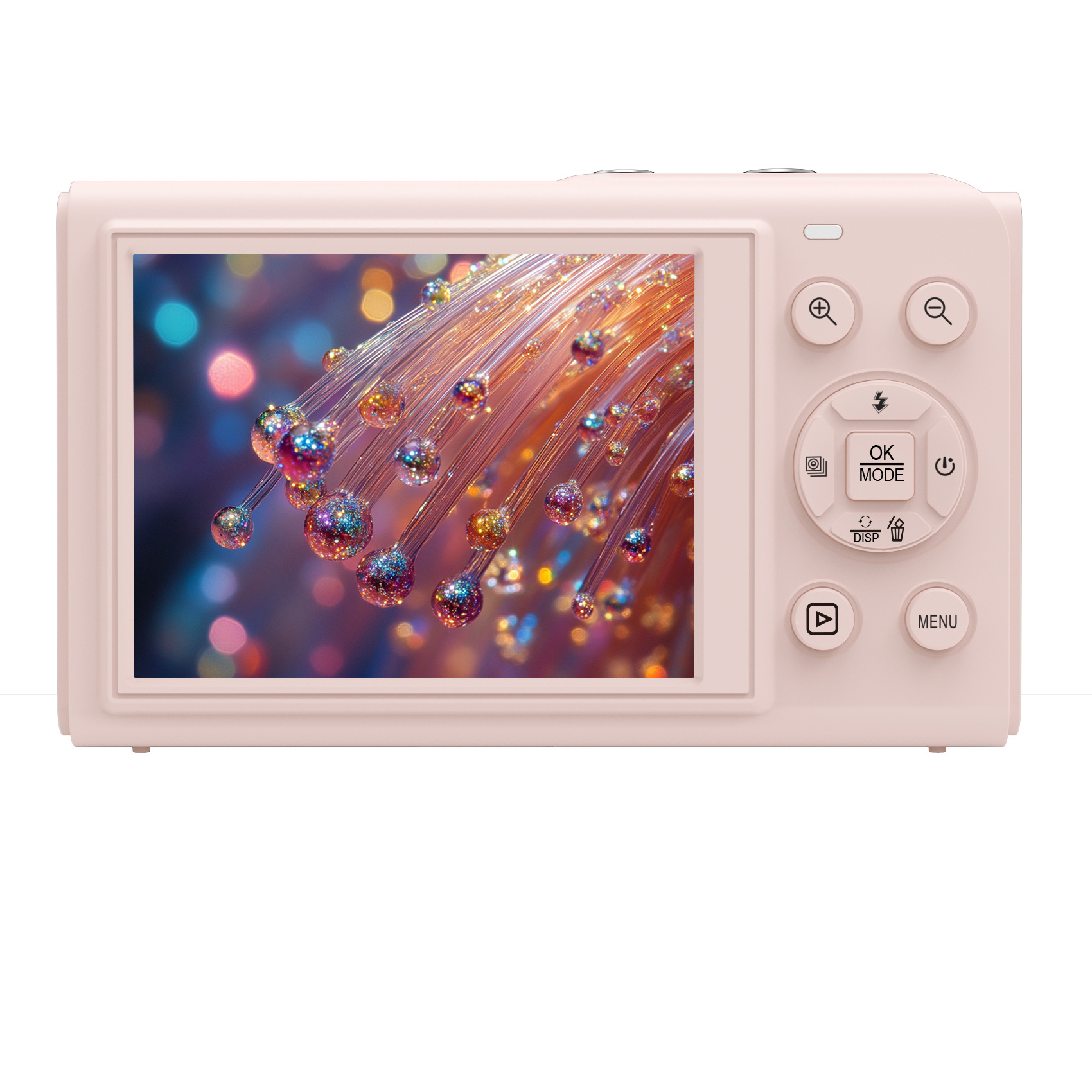 Rosa Digitalkamera, die einen verschwommenen Hintergrund zeigt. Sie hat mehrere Knöpfe und einen Bildschirm.