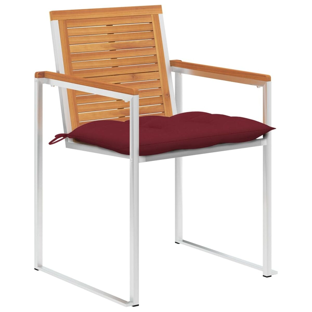 Sedia in legno con struttura in metallo bianco e cuscino rosso.