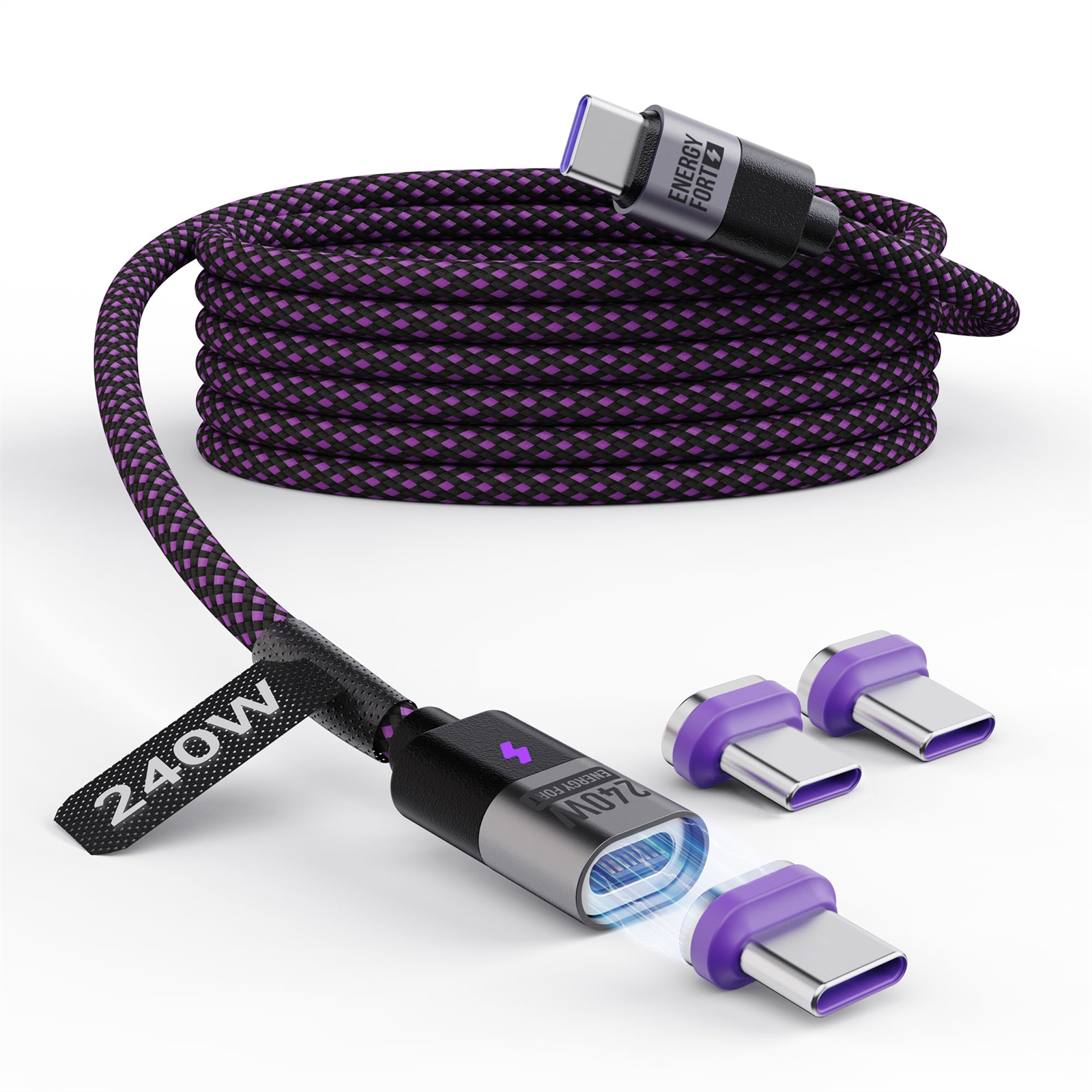Ein aufgerolltes lila-schwarzes Ladekabel mit USB-C-Anschluss und mehreren Ladekopf.