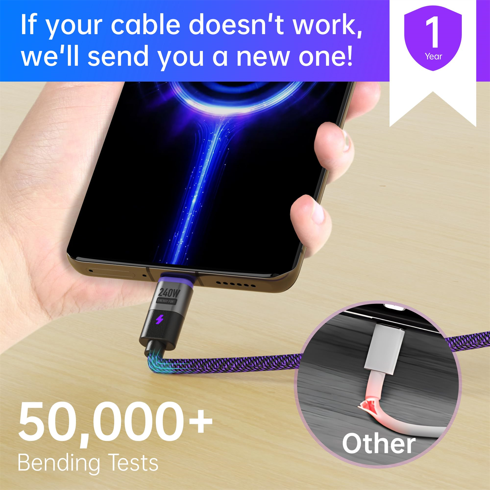 Telefon wird mit Kabel aufgeladen. Zusätzliches Kabel und Garantieschild.