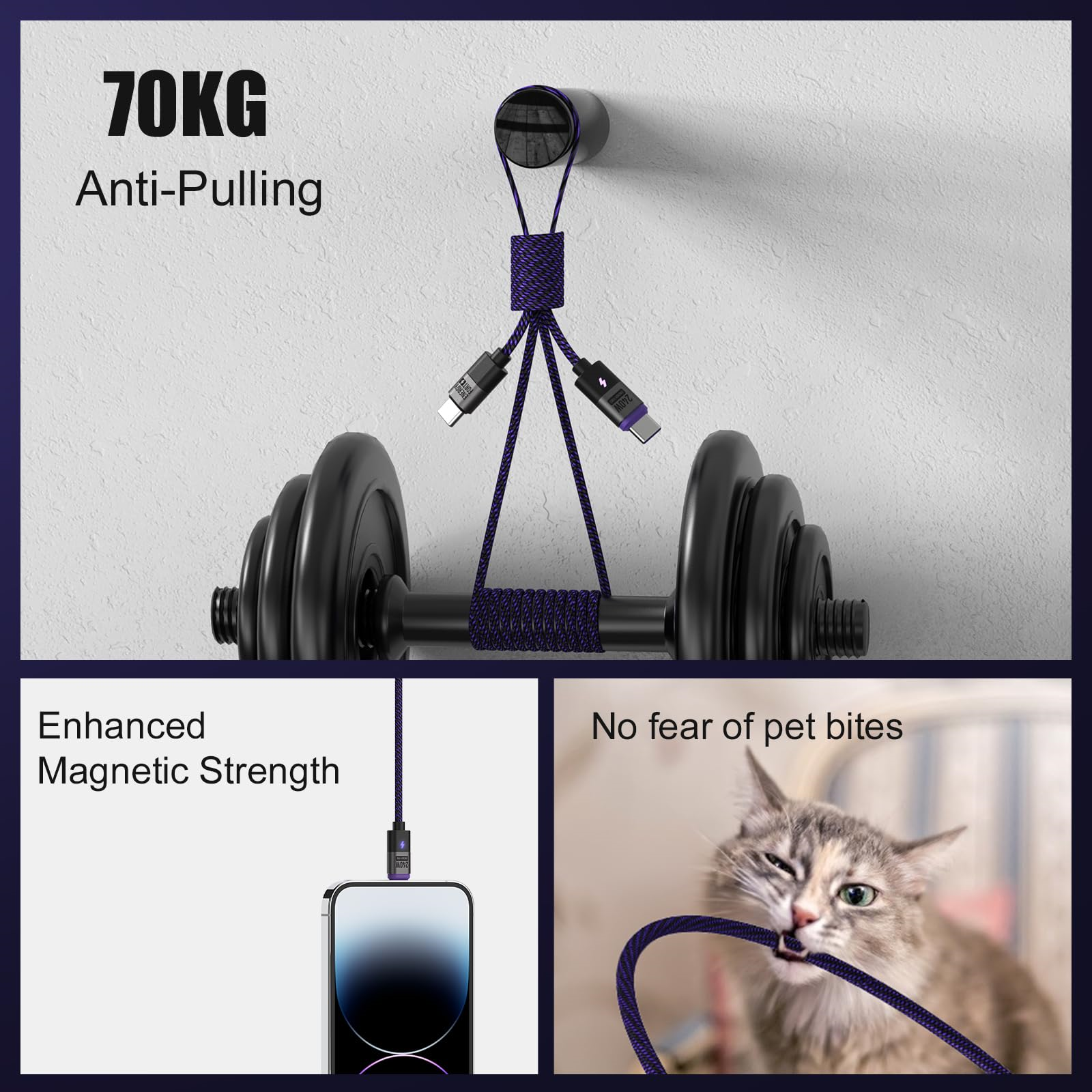 USB-Kabelszene mit Hantel und Katze, die hineinbeißt. Text: 70KG Anti-Pulling, Enhanced Magnetic Strength.